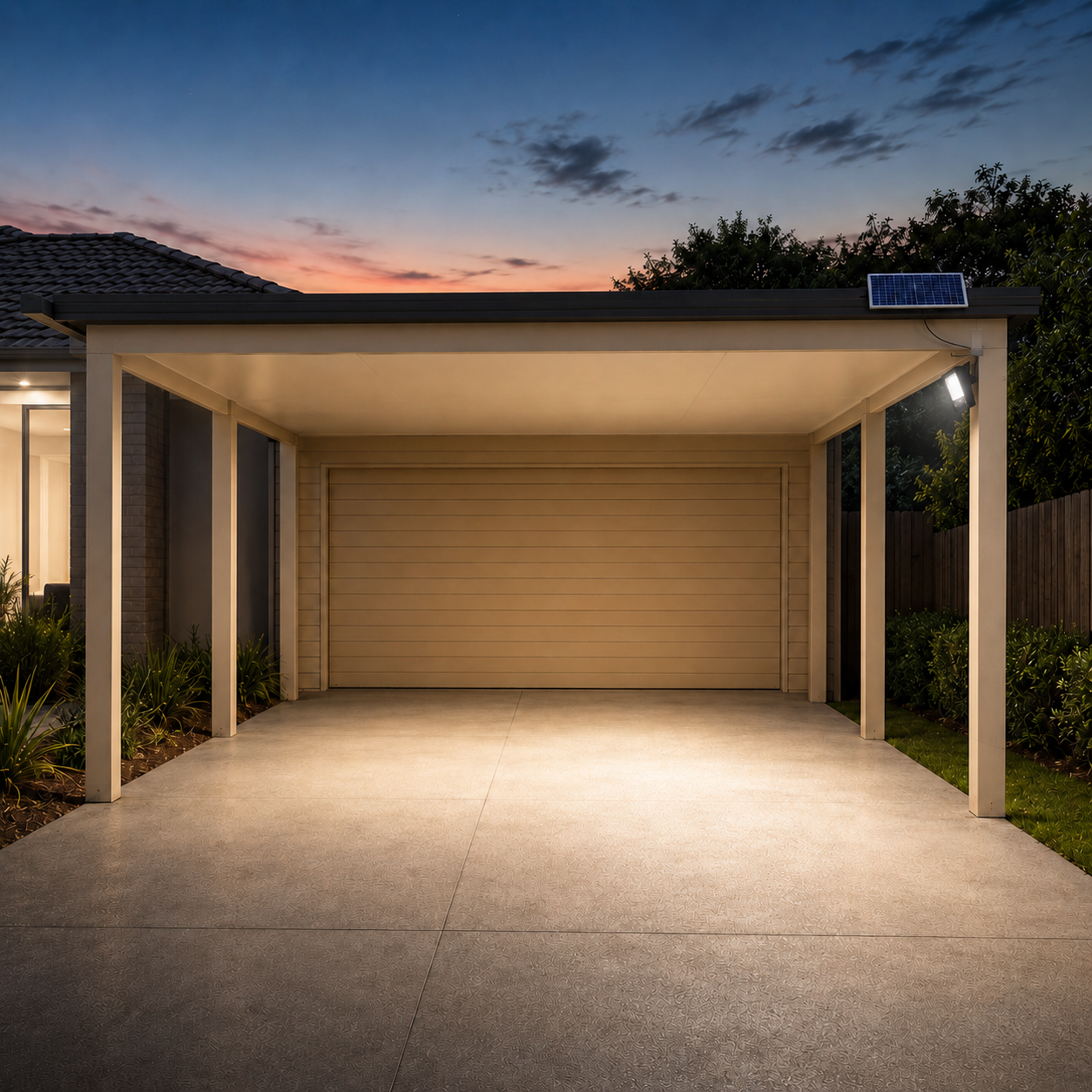 40W solar floodlight on a carport post illuminating a covered driveway. Outdoor solar security lights for home entry.