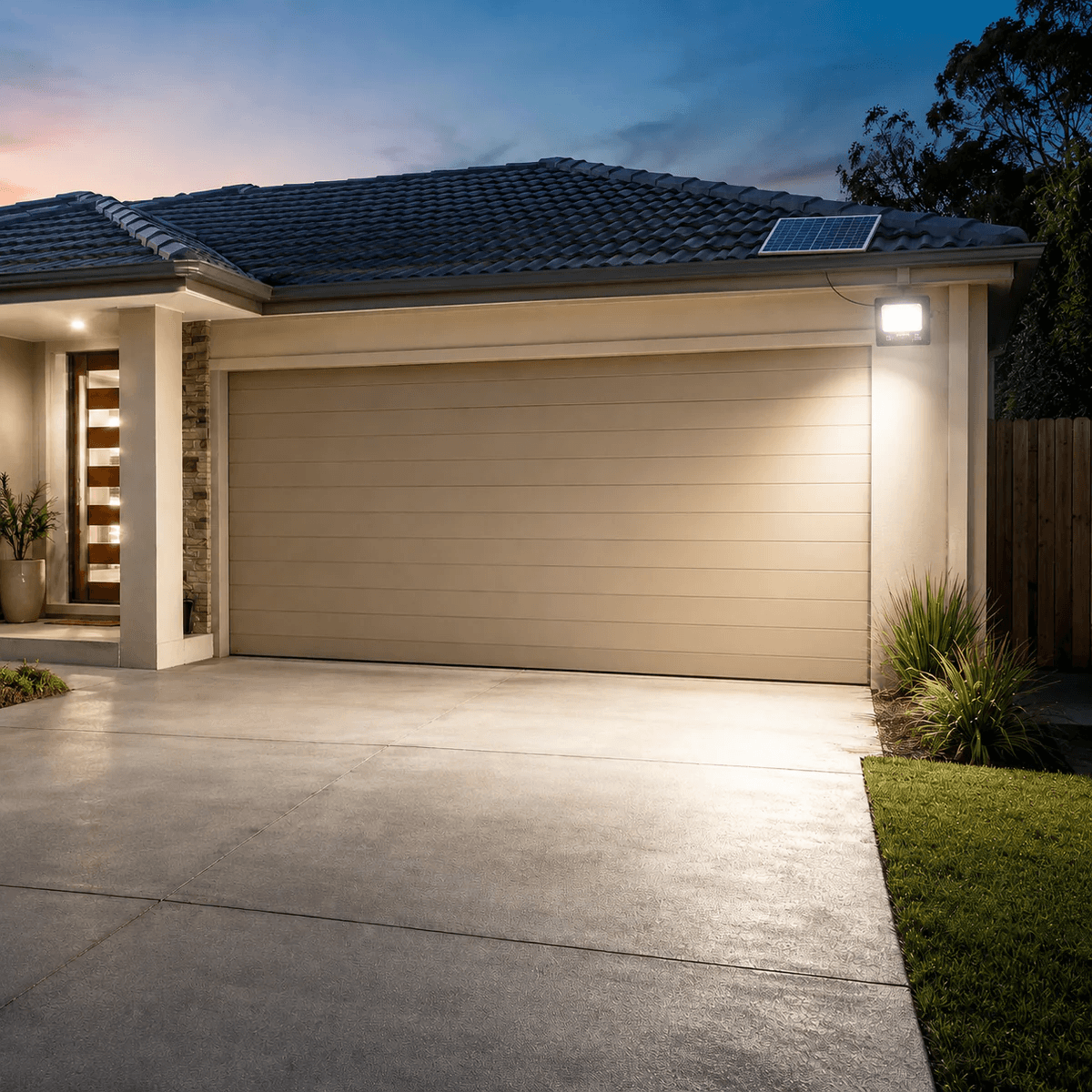 40W solar floodlight illuminating a garage door and concrete driveway. Outdoor solar security lights for home safety.