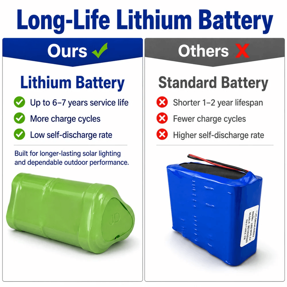 Long-life lithium battery comparison infographic highlighting 6-7 years service life and higher charge cycles for floodlight solar performance
