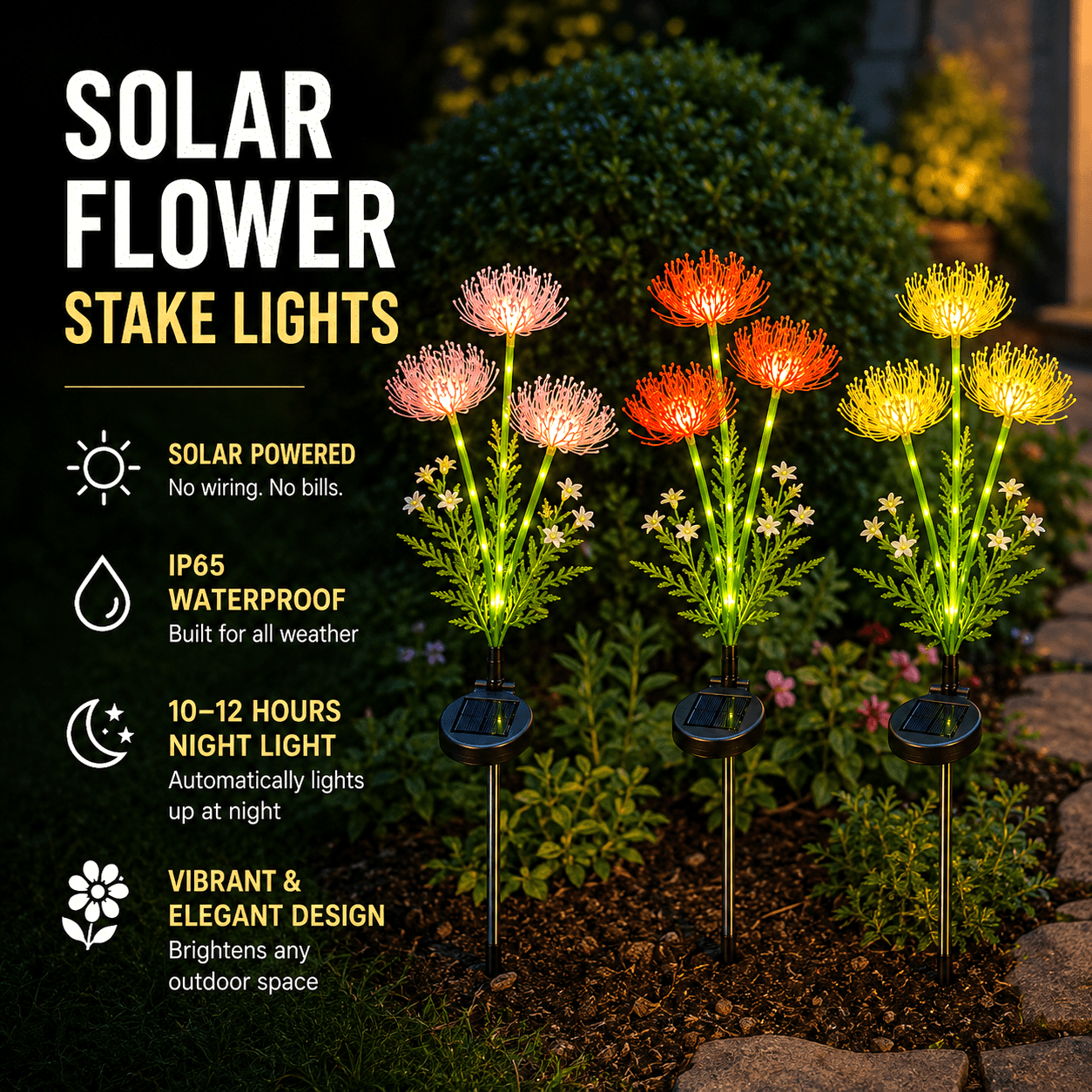 Decorative solar flower stake lights in pink, red, and yellow glowing automatically at night in an Australian backyard.