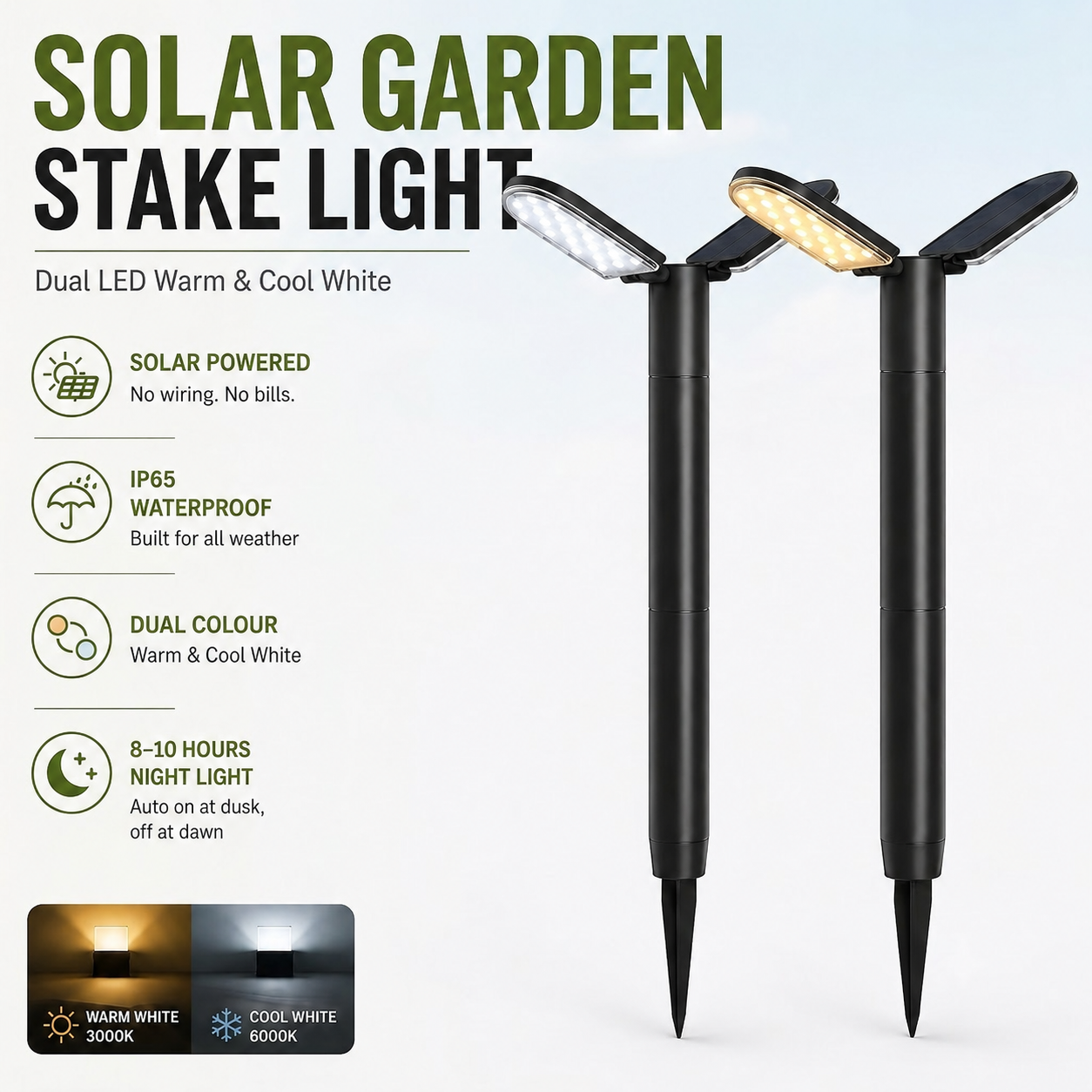 Solar garden stake lights showing cool white and warm white dual LED options outdoor solar lawn lights Australia