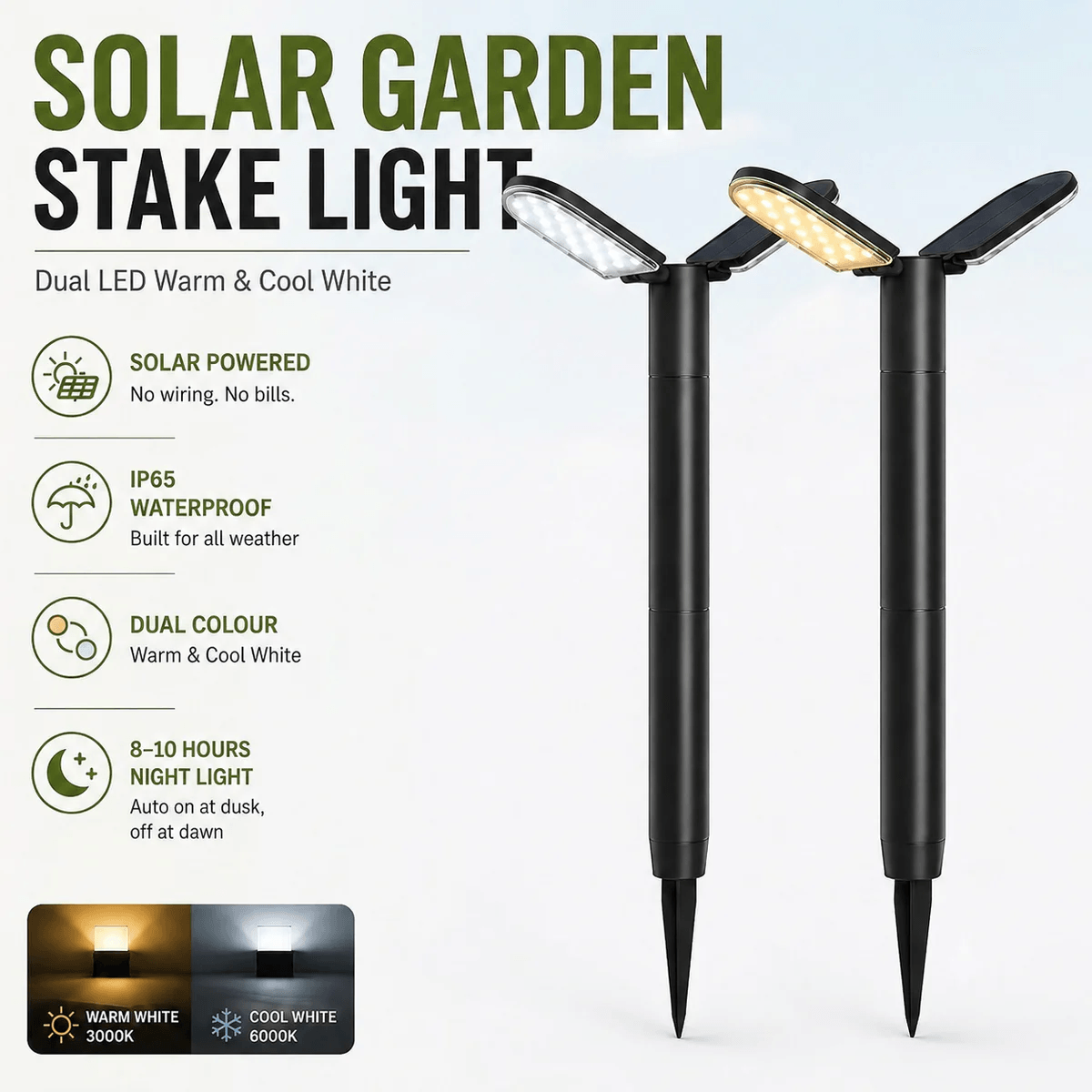 Solar garden stake lights showing cool white and warm white dual LED options outdoor solar lawn lights Australia