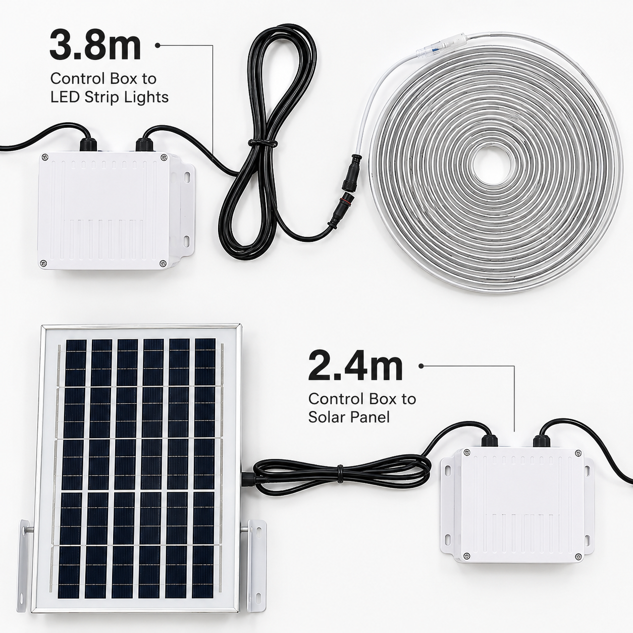 Installation dimensions for the solar garden strip lights kit showing a 3.8m cable from the control box to the LED strip lights and a 2.4m cable leading to the solar panel.