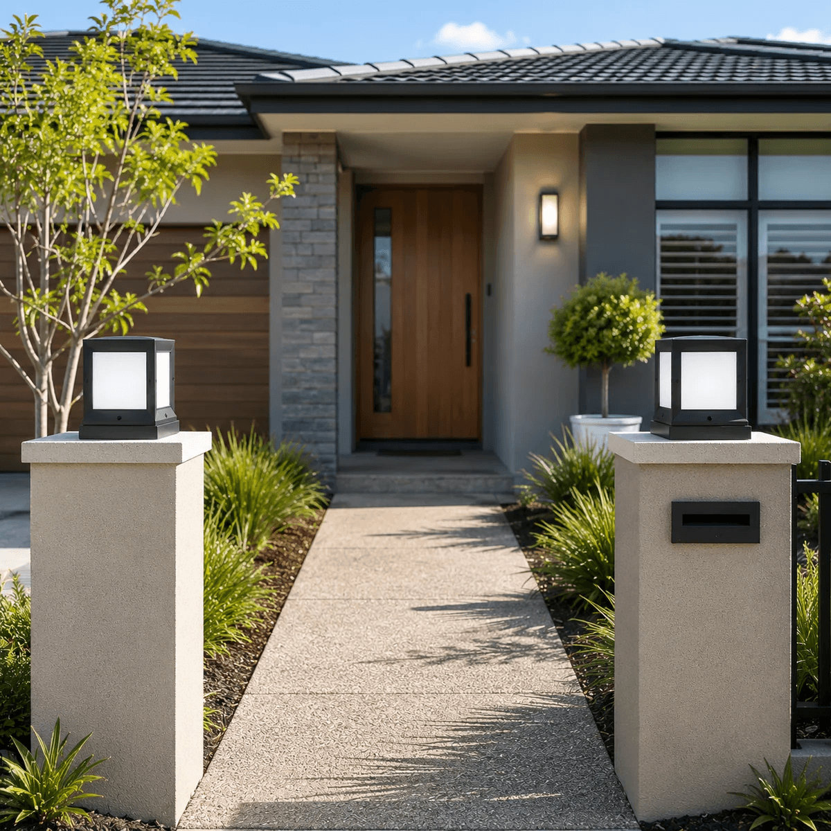 Solar gate cap lights on both entrance pillars of a modern Australian home with a timber front door manicured garden and concrete pathway leading to the front door