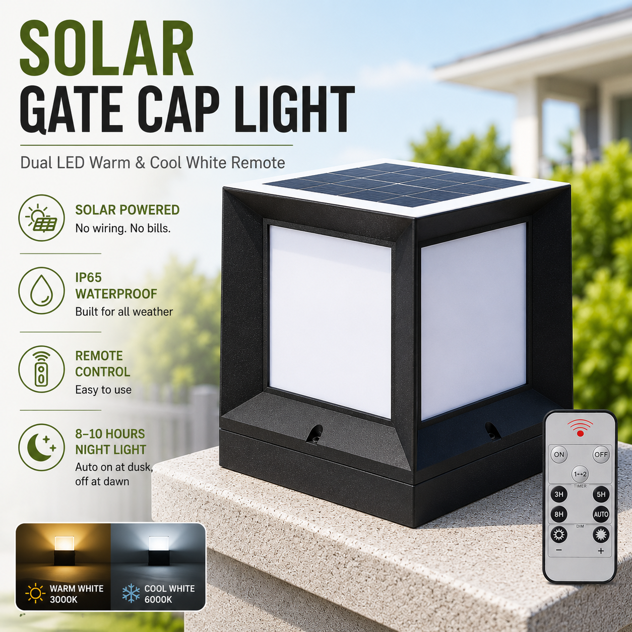 Solar gate cap light outdoor on a stone gate pillar showing solar powered square post cap light with dual LED warm white 3000K and cool white 6000K remote control and IP65 waterproof rating
