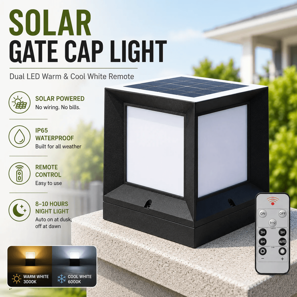 Solar gate cap light outdoor on a stone gate pillar showing solar powered square post cap light with dual LED warm white 3000K and cool white 6000K remote control and IP65 waterproof rating