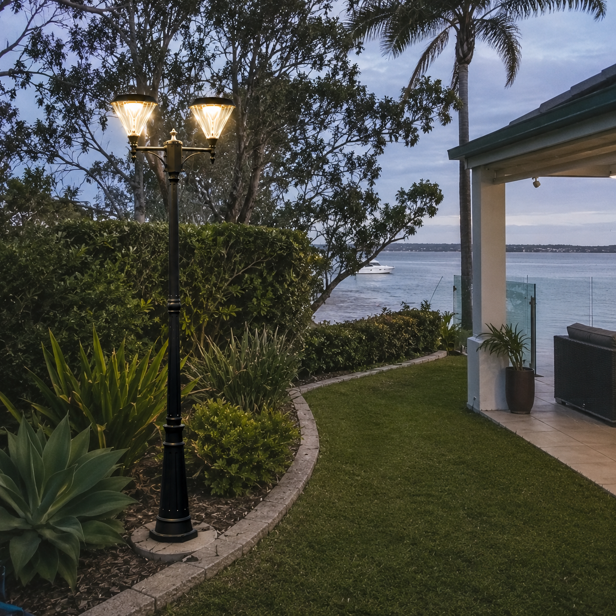 Solar lantern light Australia layout illuminating a tropical coastal garden bed next to a waterfront home patio overlooking the ocean.