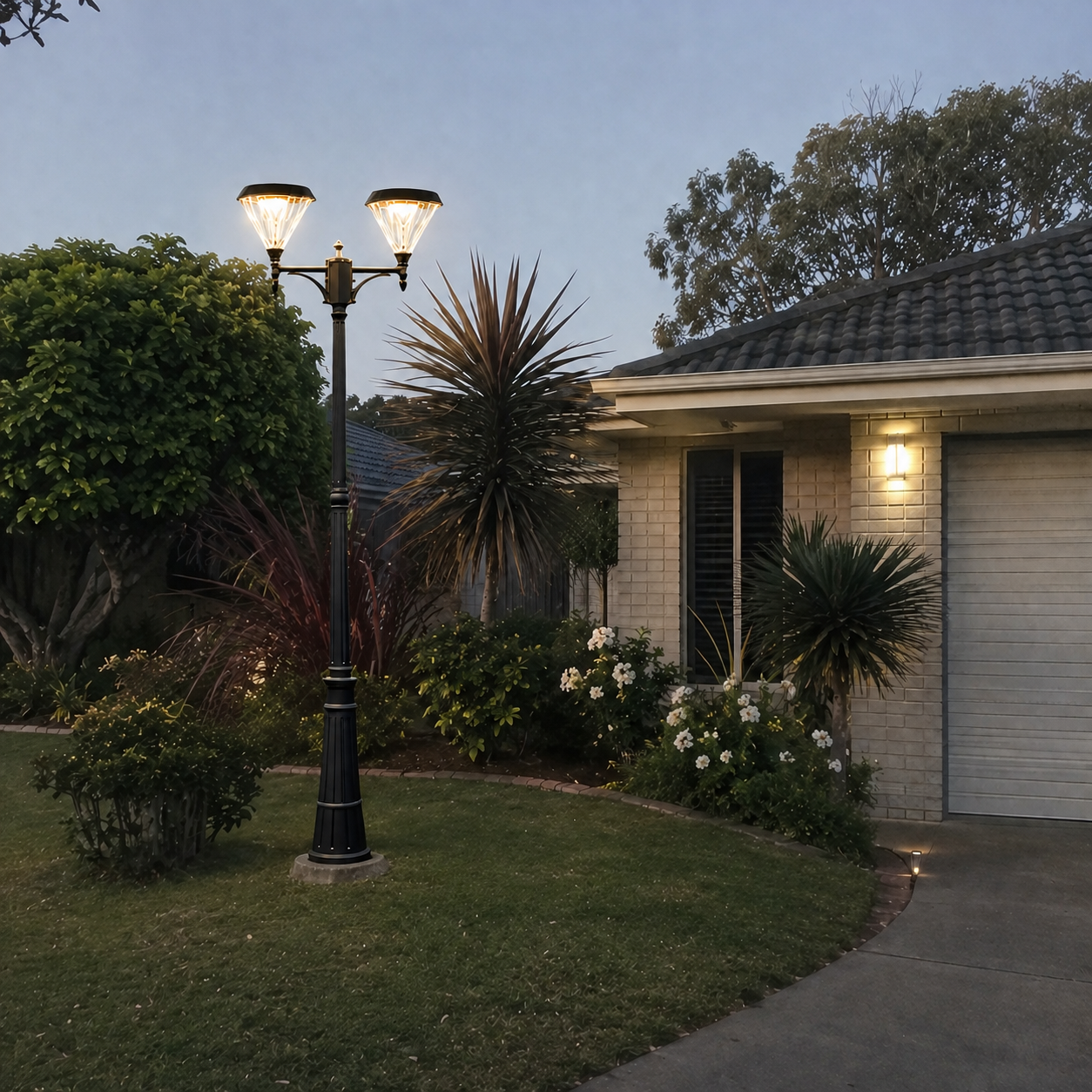 Solar lantern light Australia garden display glowing warm white at twilight on a manicured lawn near a brick house entrance.