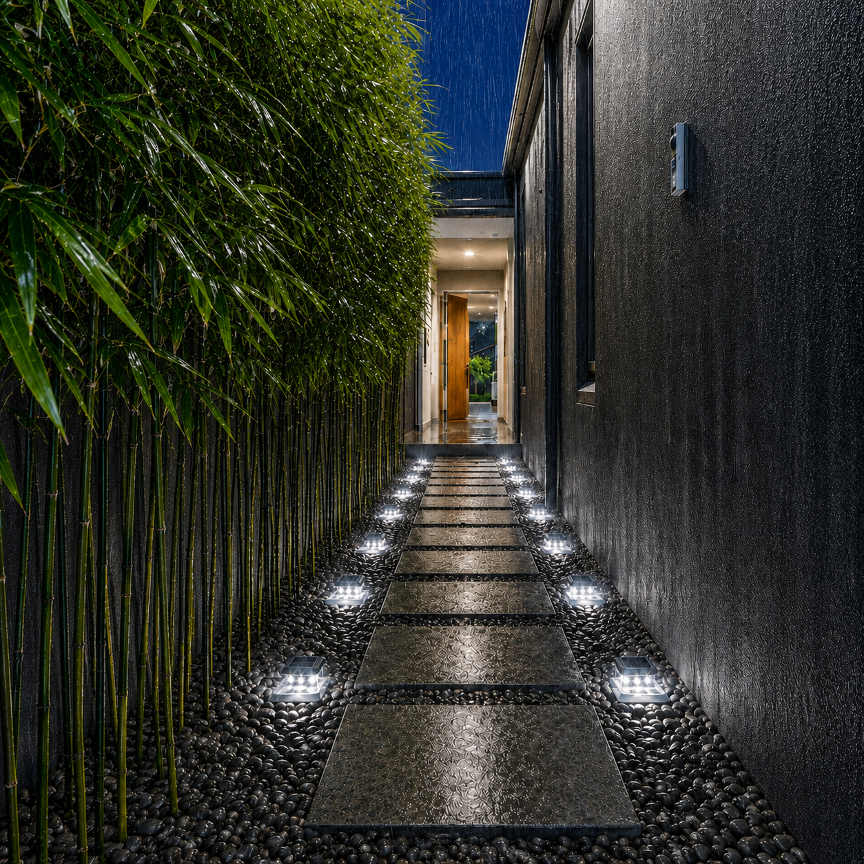 Solar LED path markers lining a narrow garden walkway with stepping stones and pebbles at night, illuminating an Australian home entrance in the rain