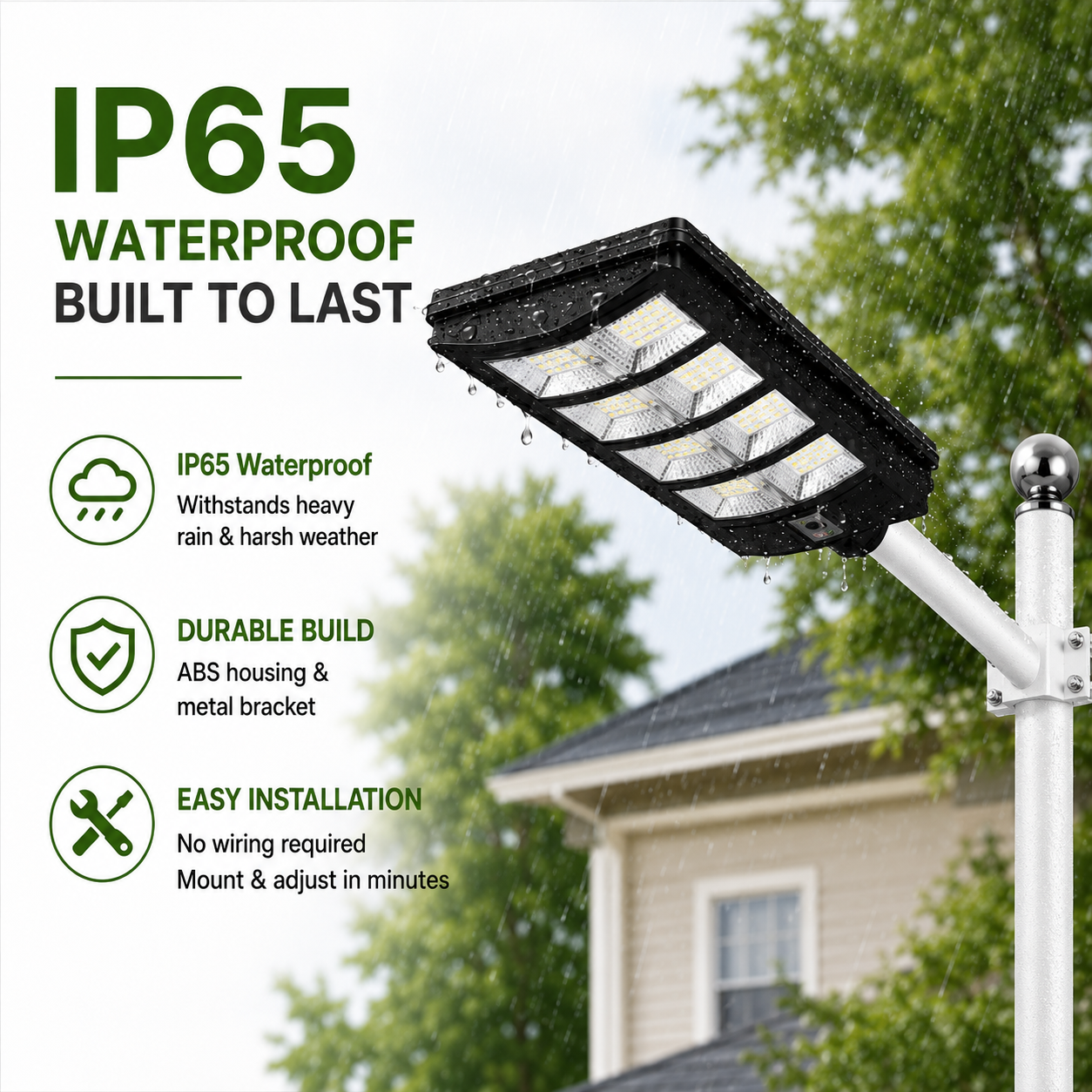 An infographic demonstrating an IP65 waterproof solar led street light withstanding heavy rain to showcase its durable ABS housing, metal bracket, and easy installation layout.