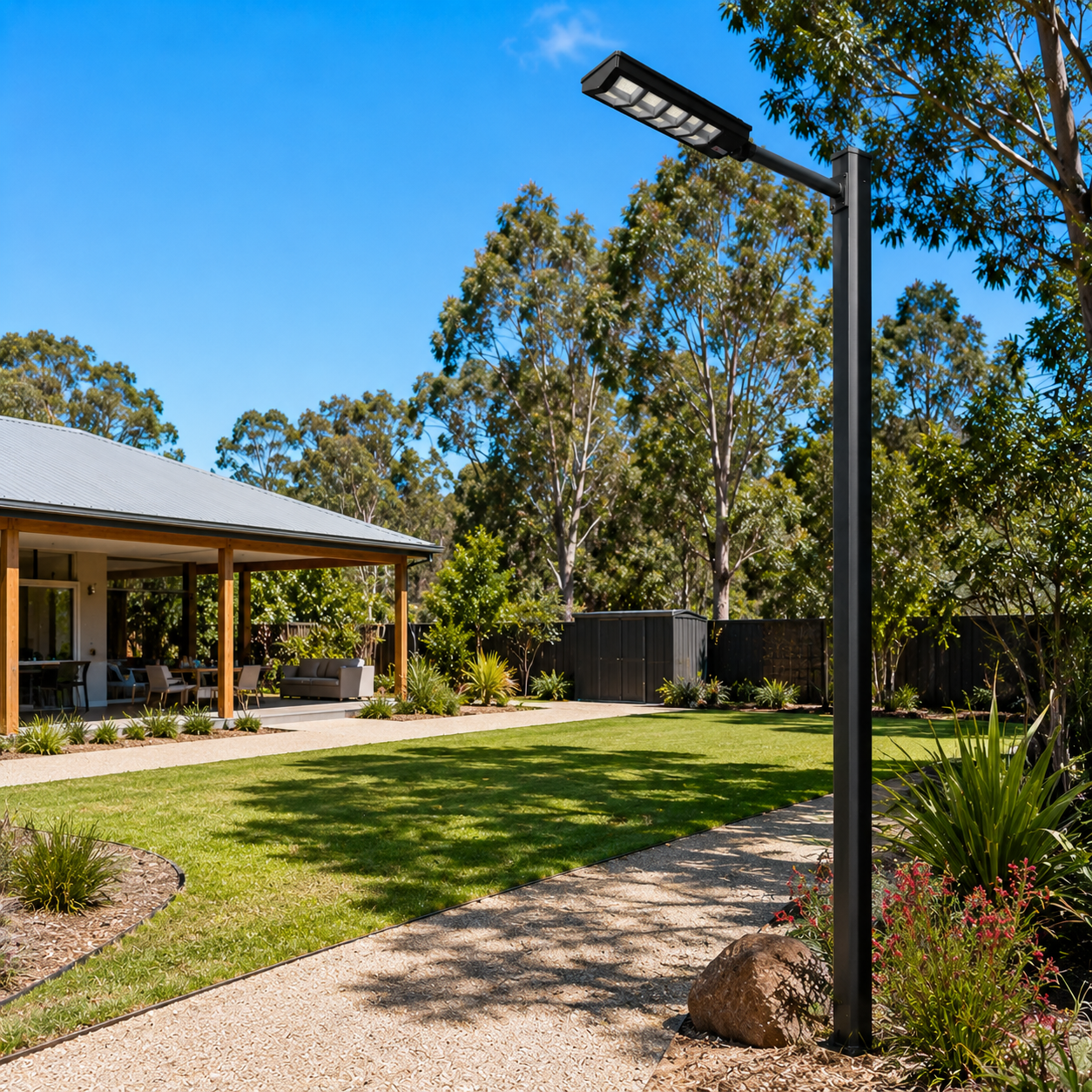 A sleek black solar led street light mounted on a tall dark pole illuminating a spacious backyard garden and open lawn layout as a premium solar street light Australia home setup.