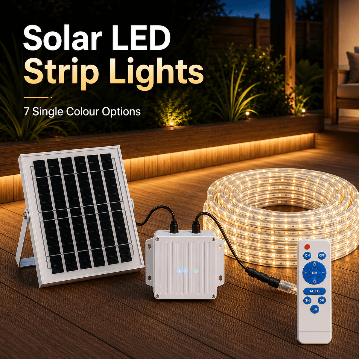 Solar LED strip lights kit showing the solar panel, control box, remote control, and coiled light strip lighting up an outdoor timber patio deck.