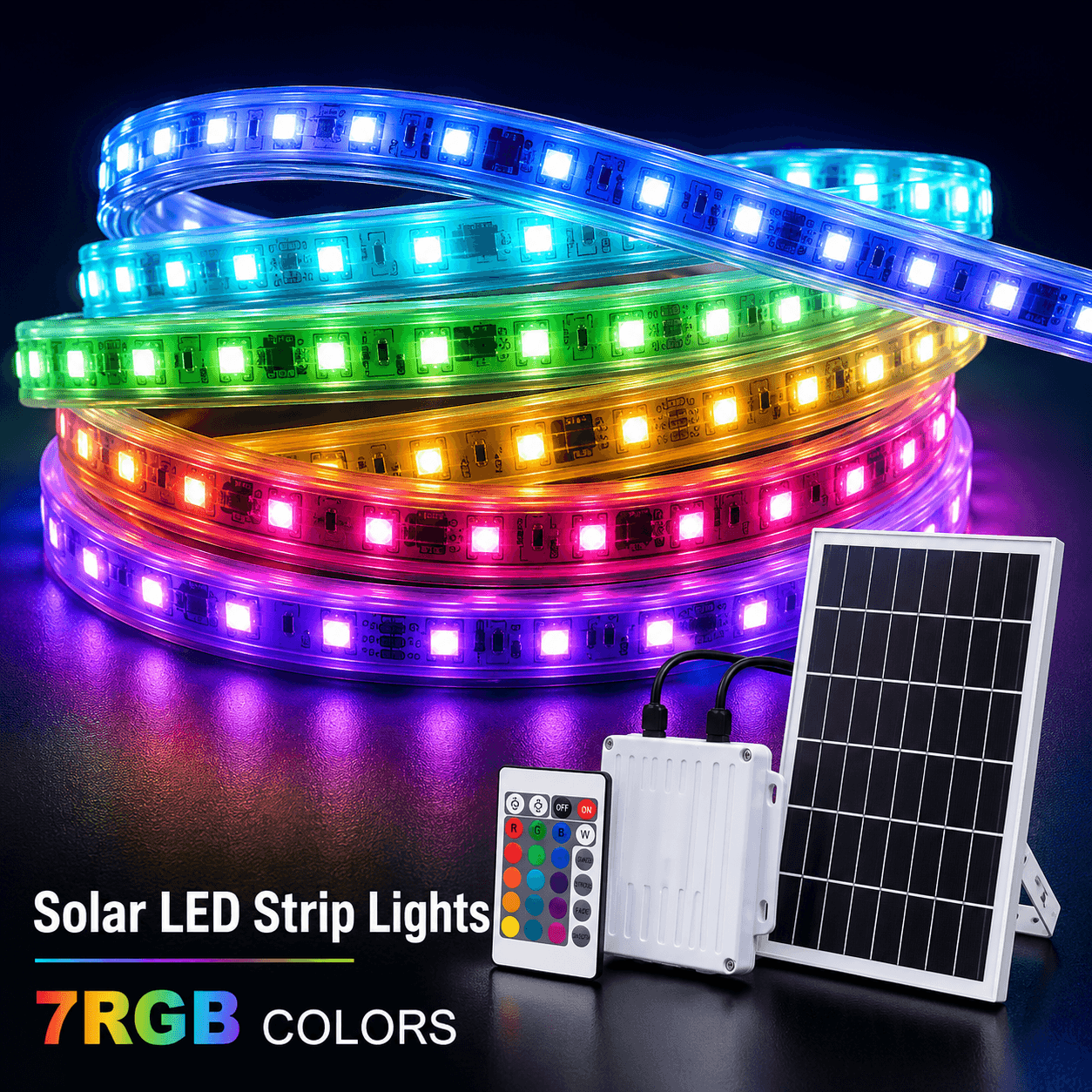 Complete kit of waterproof solar LED strip lights featuring the coiled multi-colour RGB lighting tape, remote control, and high-efficiency solar panel for Australian backyards.