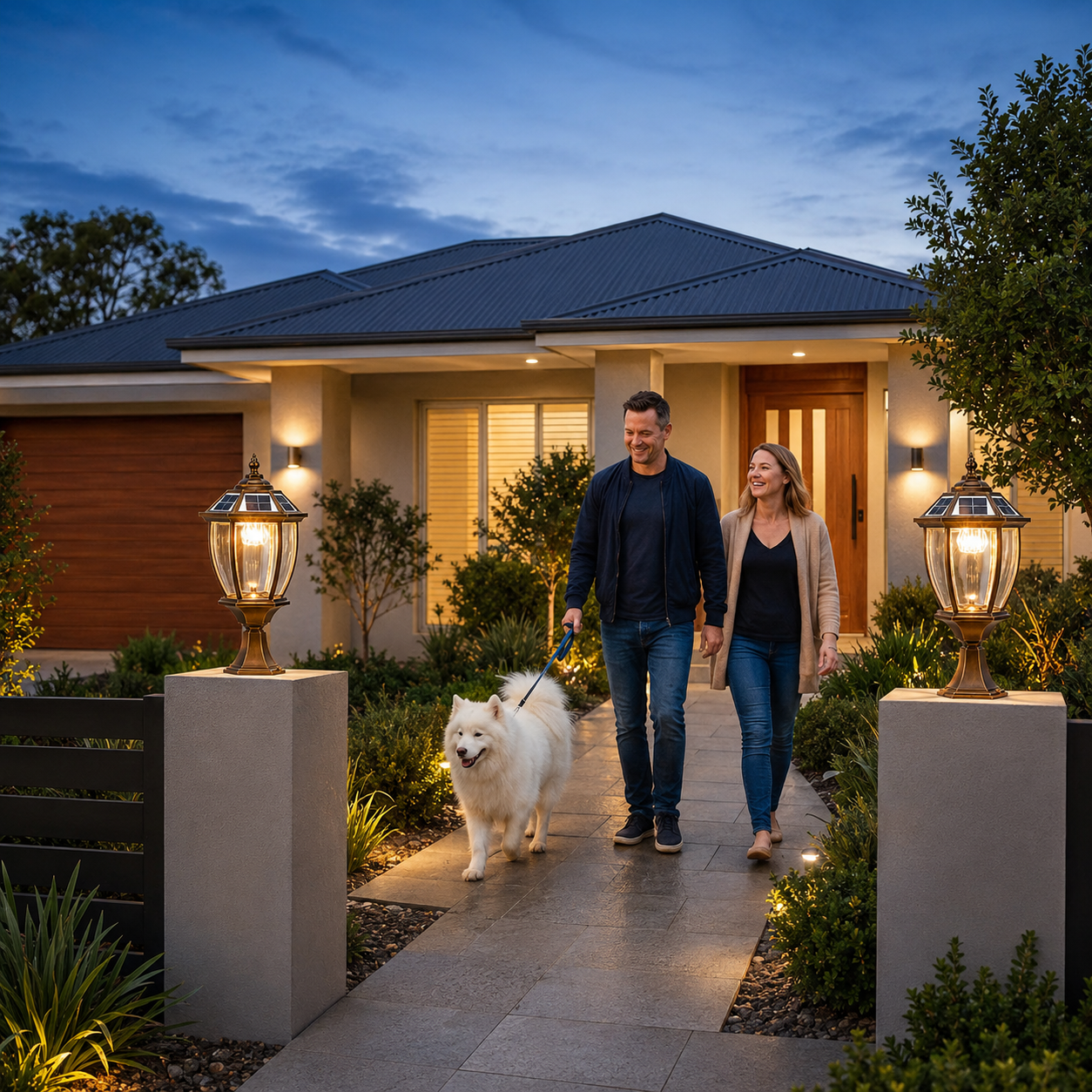Bright warm light from solar lights for driveway pillars illuminating a home pathway entrance while a couple walks their dog past the decorative column lights.