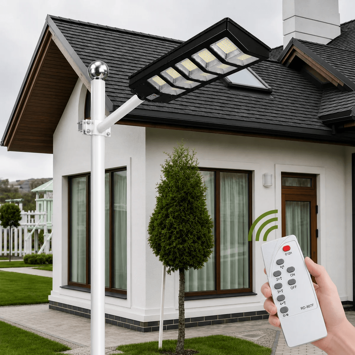 A high-performance solar motion sensor light outdoor unit installed as a solar security light on a pole outside a residential property for a premium solar street light Australia configuration.