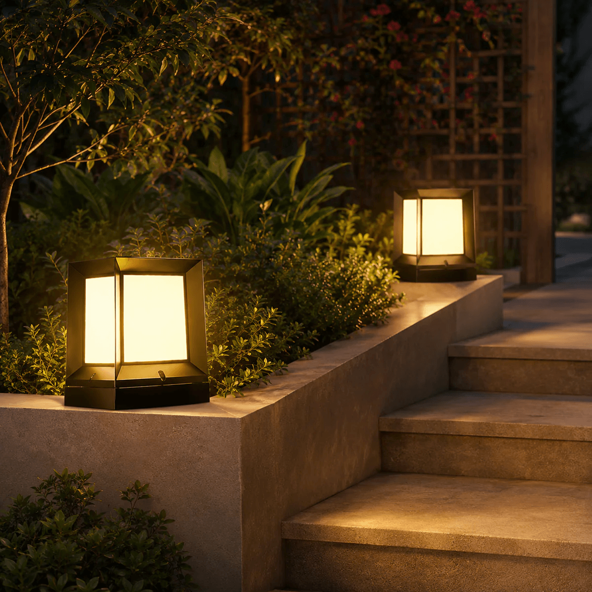 Two solar outdoor pillar lights glowing in warm white at night placed along garden retaining walls beside outdoor steps surrounded by lush plants