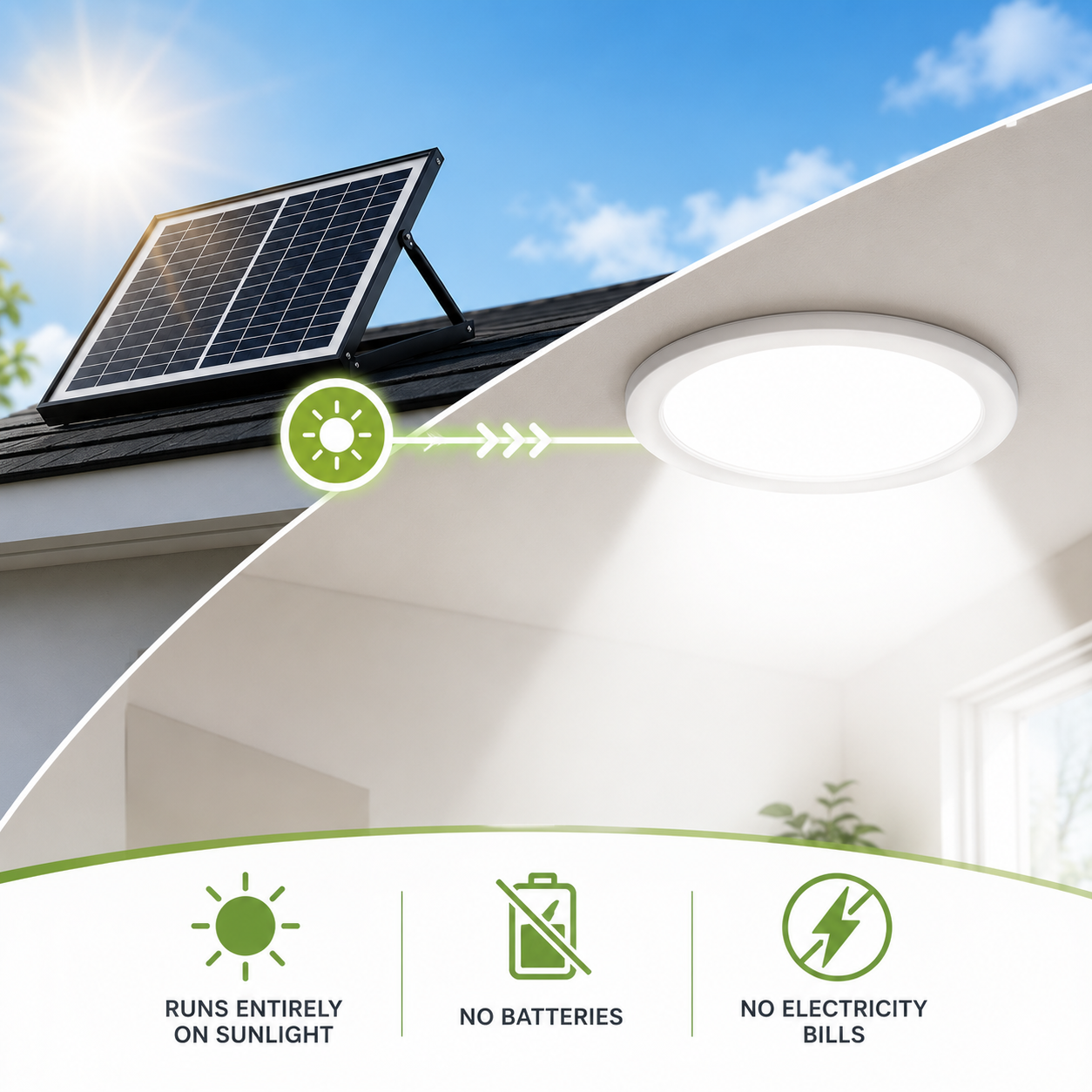 An infographic showing how a solar panel ceiling light operates in real-time, sending free sunlight directly to a round solar skylight fixture with no batteries required and zero electricity bills.
