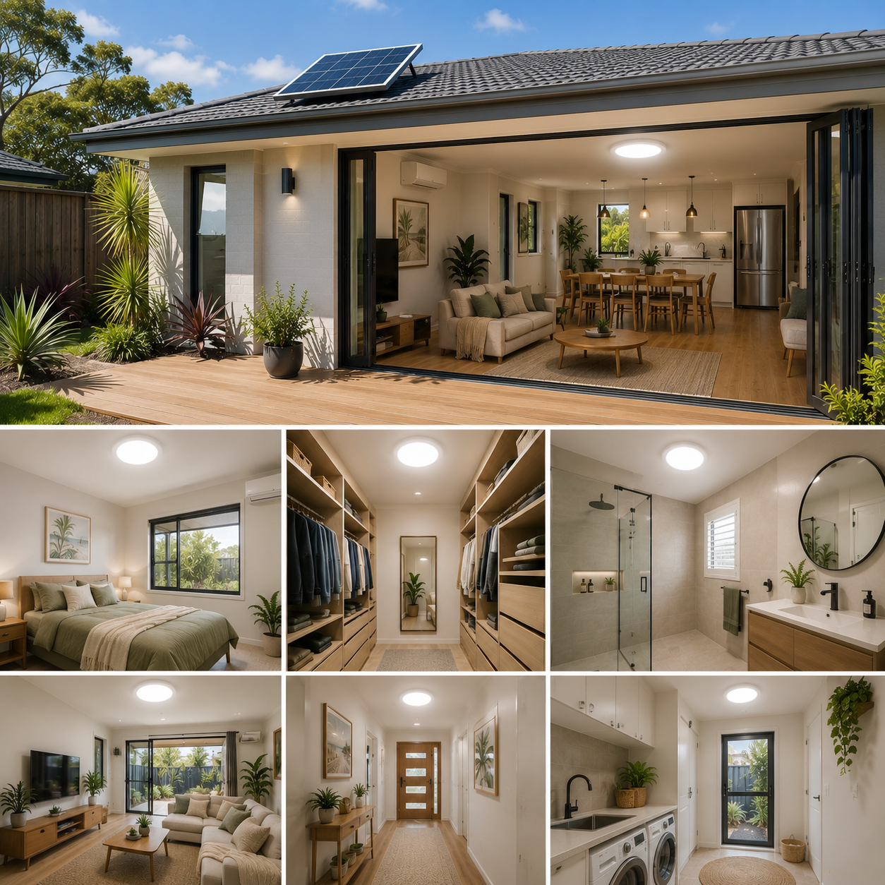 A 30W LED solar powered skylight kit installed across a modern home, showing a roof solar panel powering round solar ceiling light fixtures inside an open-plan kitchen, bedroom, walk-in robe, bathroom, living room, hallway, and laundry.
