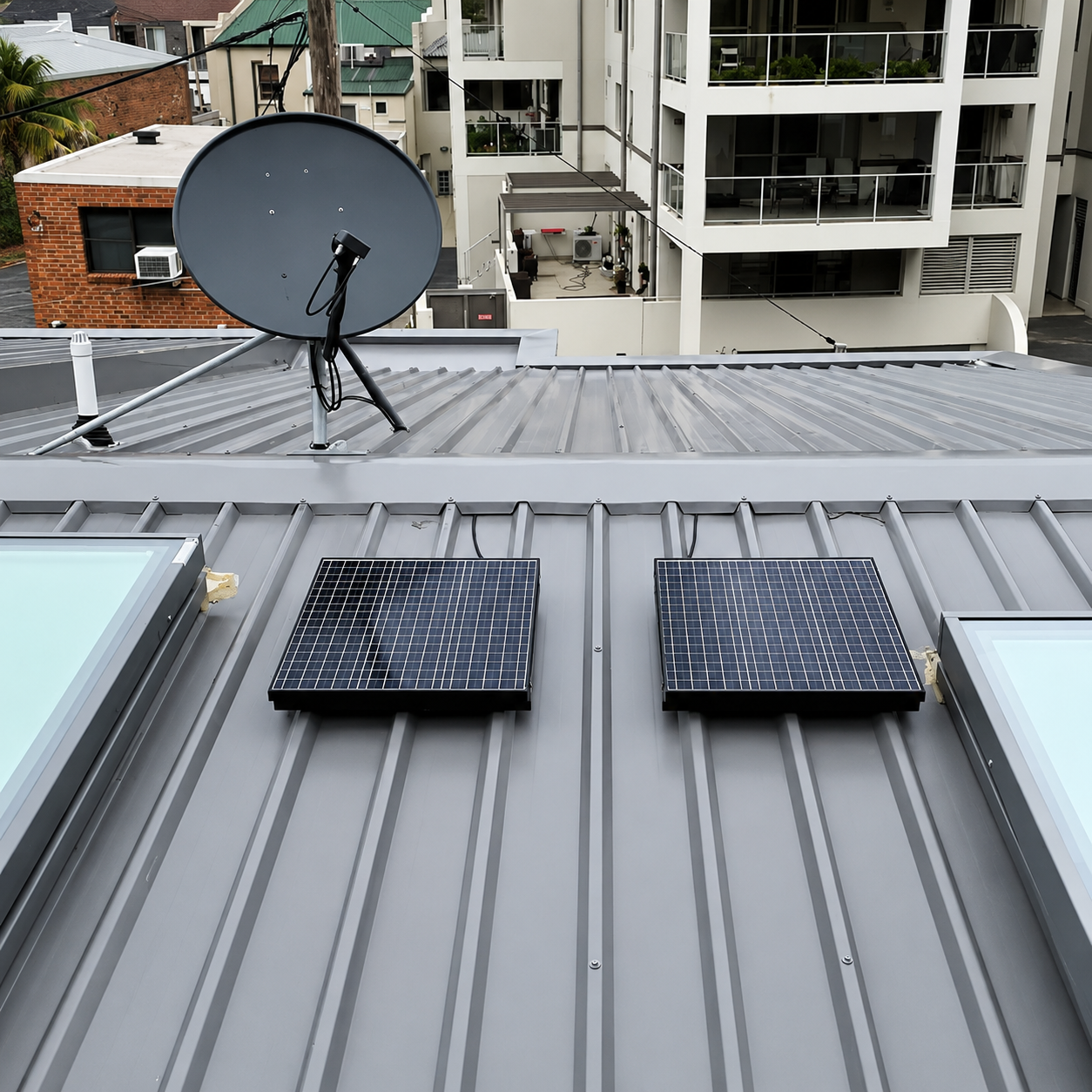 Two 30W polycrystalline solar panels for a solar panel ceiling light kit installed flat on a corrugated metal tin roof of an Australian townhouse, showing the neat, low-profile exterior setup.