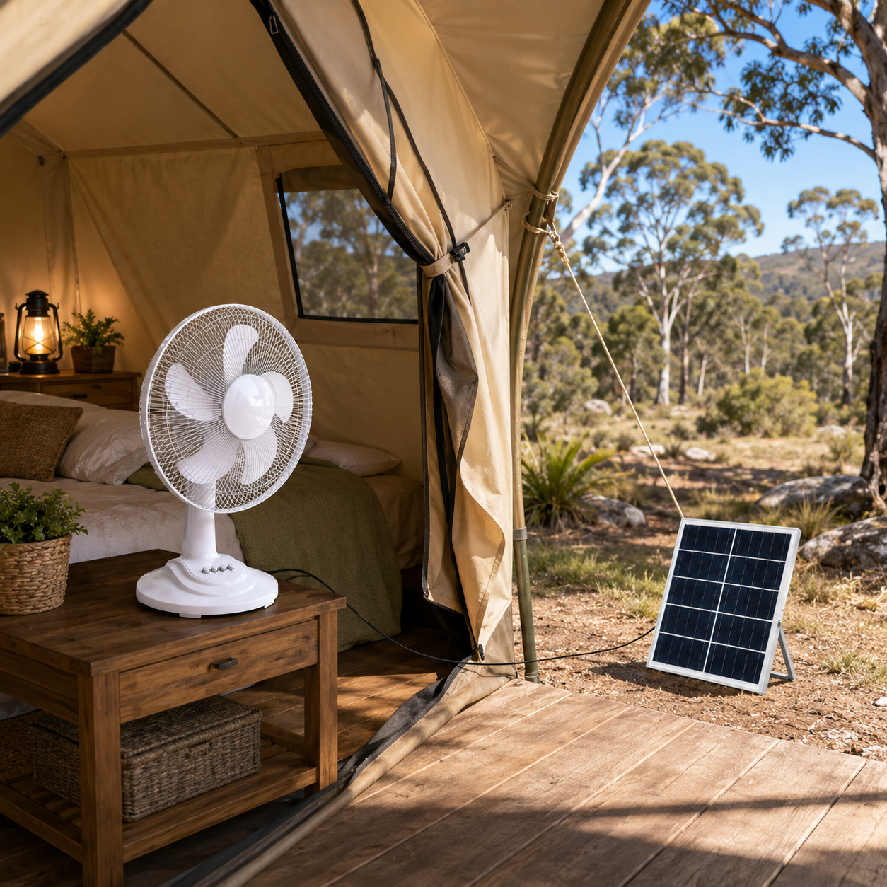 White solar panel powered table fan sitting on a wooden nightstand inside a luxury glamping tent, with its charging cable running to the solar panel set up on the grass outside.