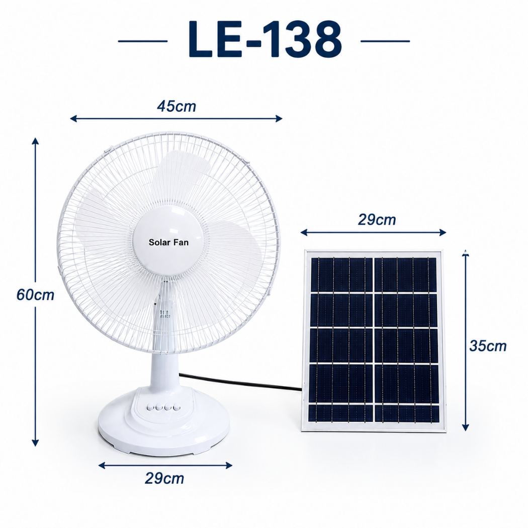 Product dimension diagram for the LE-138 solar panel powered table fan, outlining measurements including a 60cm height, 45cm width, 29cm fan base, alongside a 35cm by 29cm solar panel.