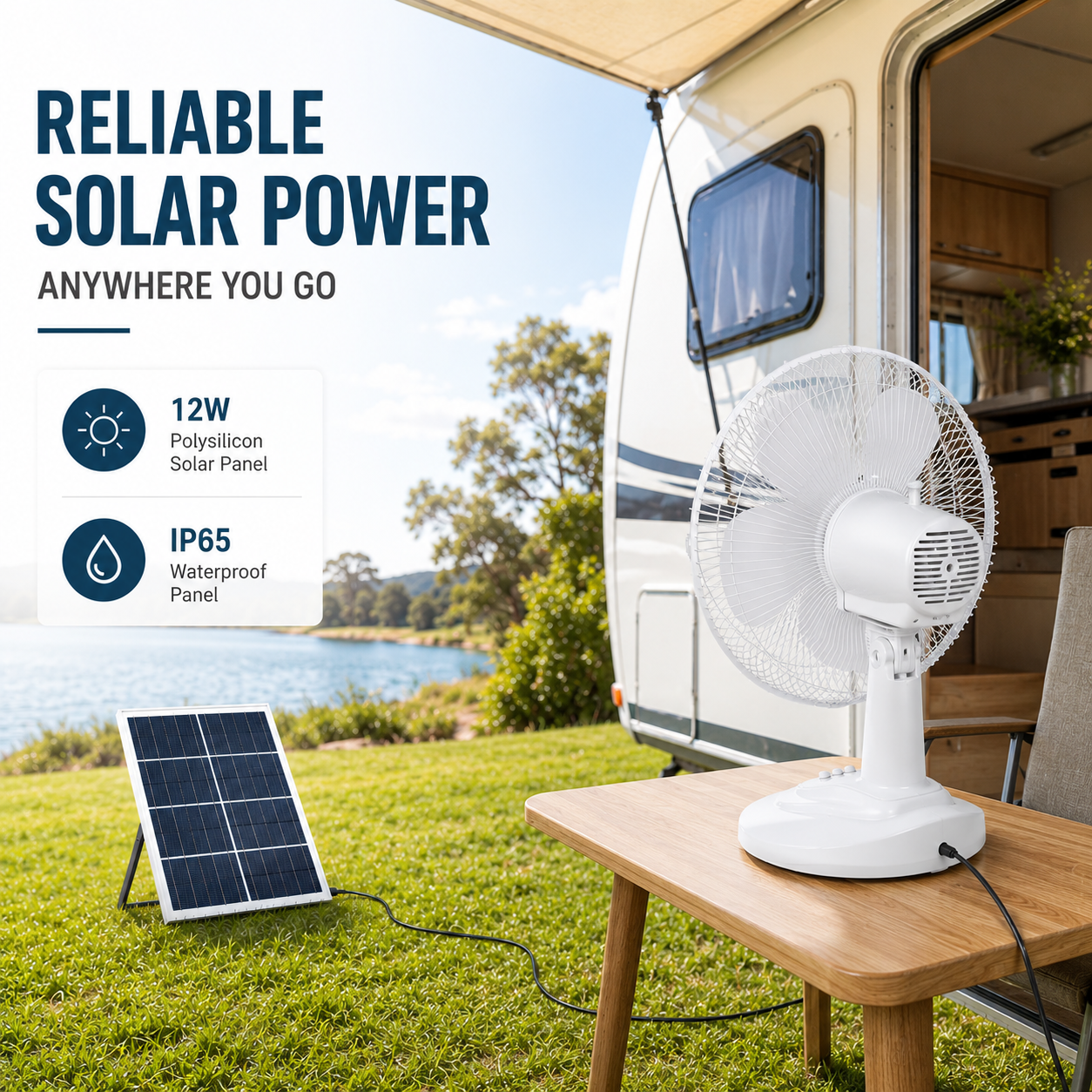 Infographic showing the back of a solar table fan on a wooden table outside a caravan, highlighting its 12W polysilicon solar panel and IP65 waterproof rating for outdoor camping.