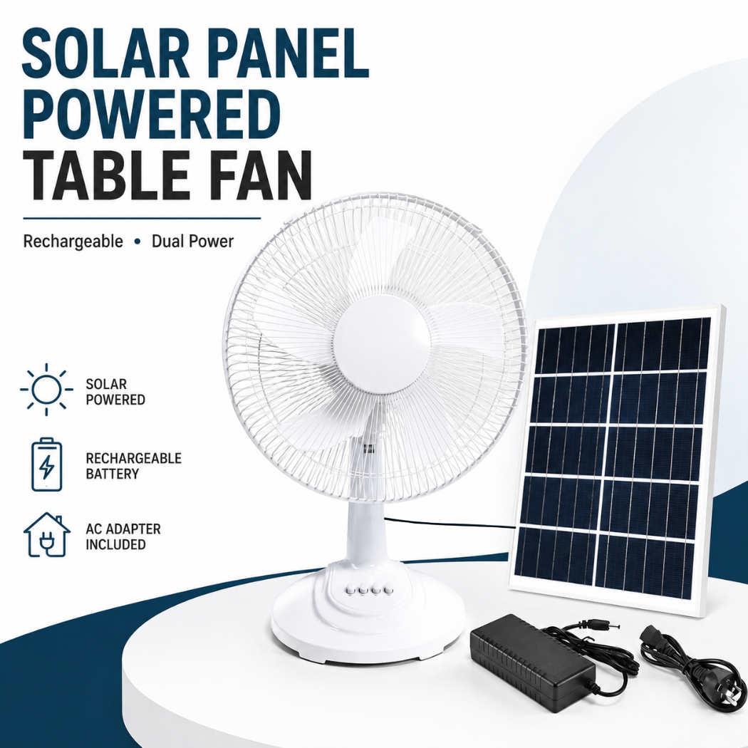 White solar powered table fan standing next to its 12W polysilicon solar panel and AC power adapter kit, showcasing the dual power setup for Australian caravans and camping.