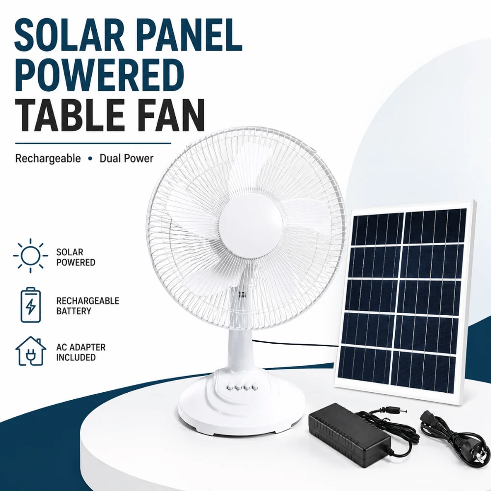 White solar powered table fan standing next to its 12W polysilicon solar panel and AC power adapter kit, showcasing the dual power setup for Australian caravans and camping.