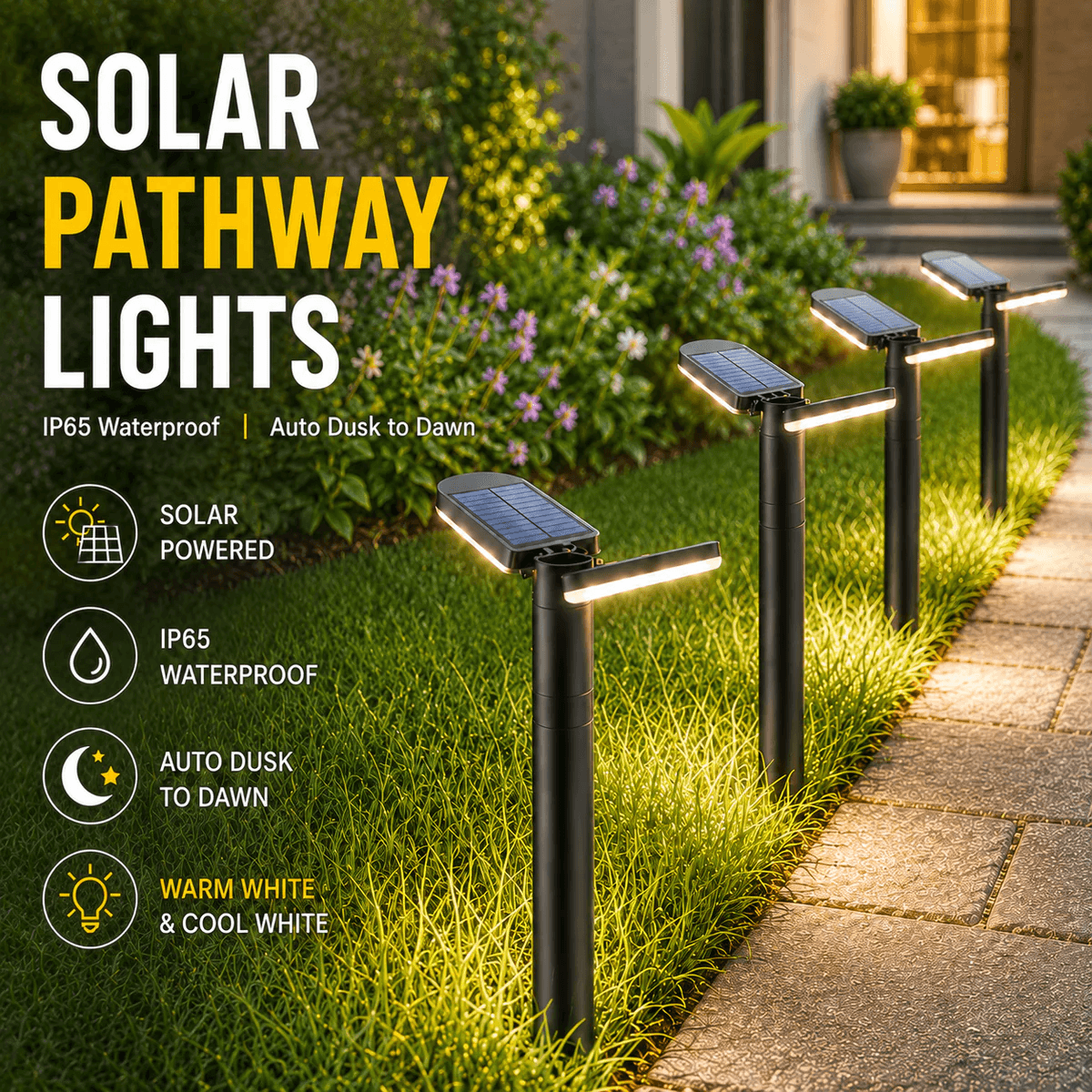 Solar pathway lights installed along garden walkway showing IP65 waterproof auto dusk to dawn operation with warm white and cool white LED options