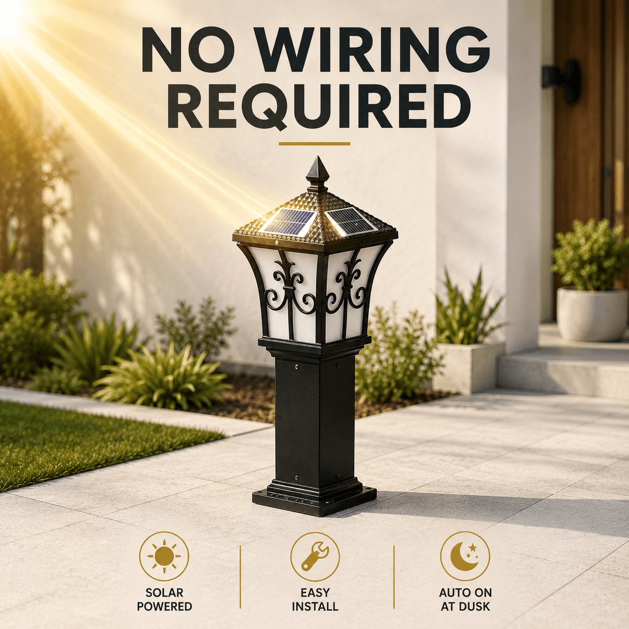 Solar post light with no wiring required, showing a cast aluminium solar pillar light auto on at dusk for easy installation in an Australian yard.