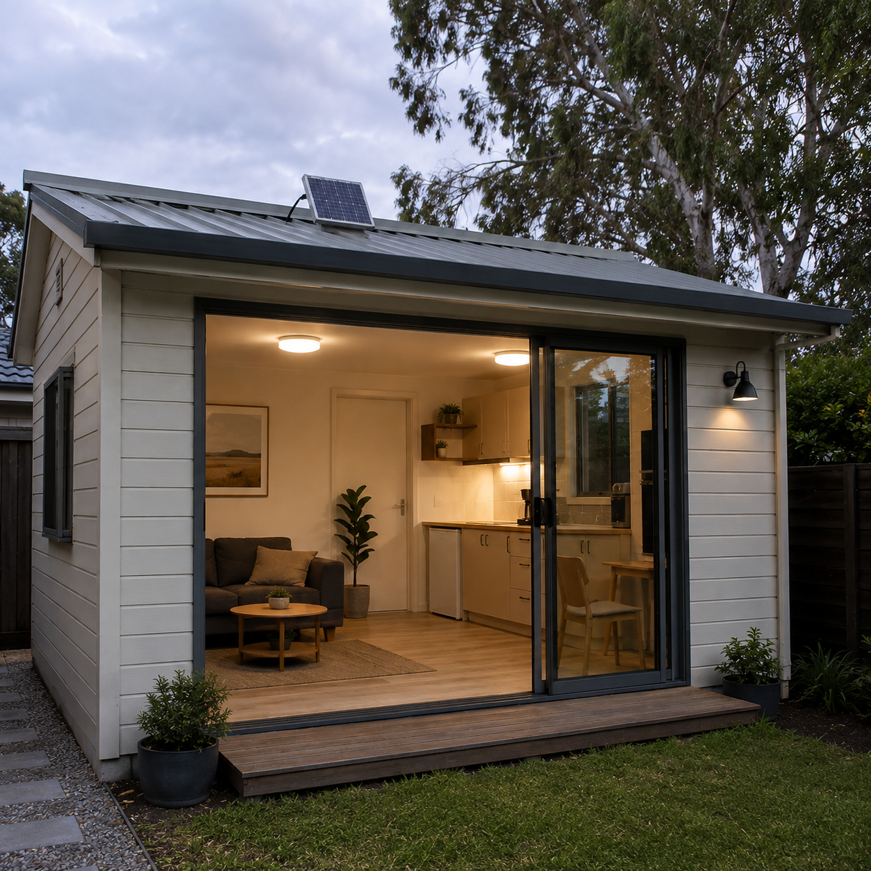 A modern backyard granny flat studio cabin lit at twilight by an indoor dual solar ceiling light system with the accompanying monocrystalline solar power panel mounted securely onto the roof.
