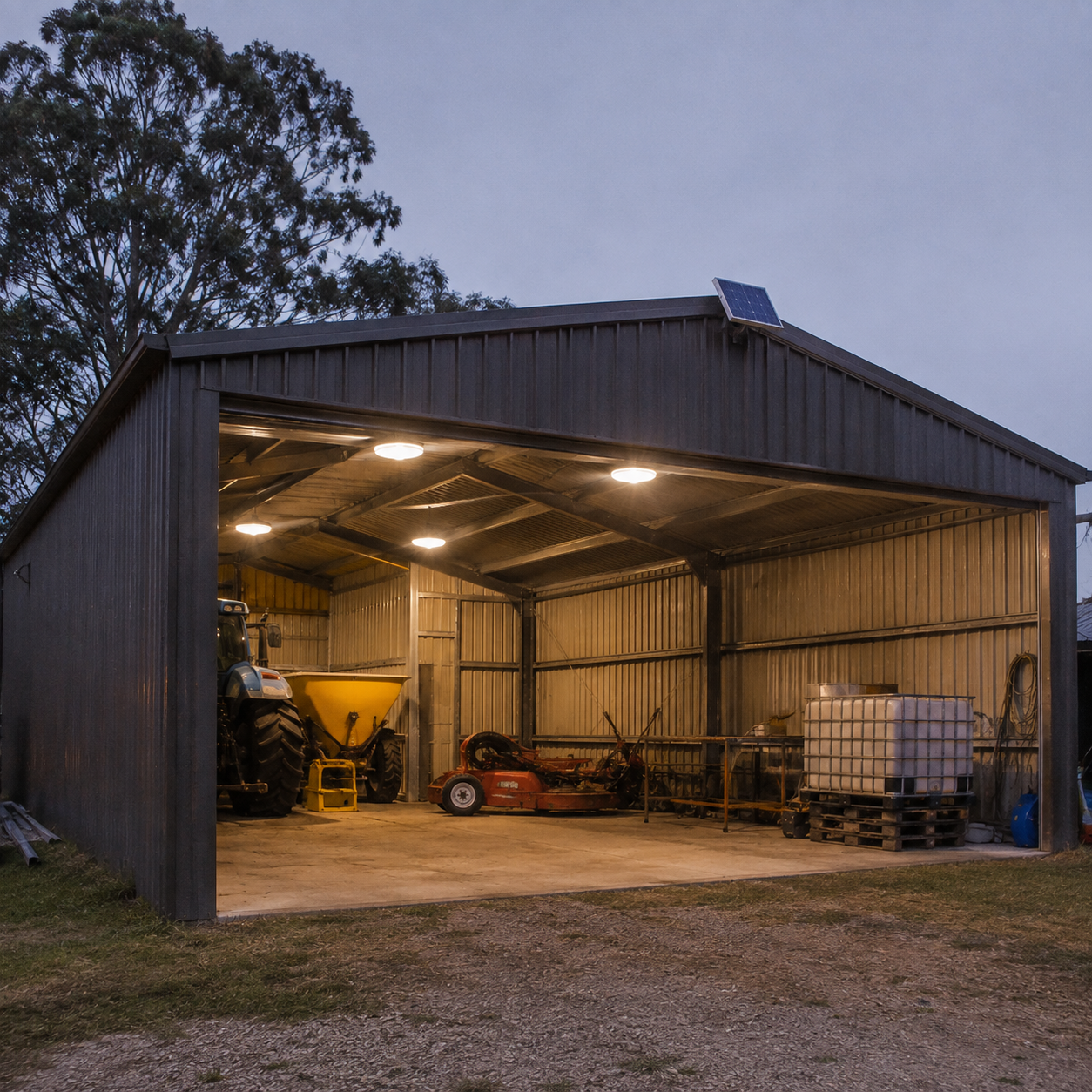 A large Australian backyard farm shed illuminated at night by a 30w dual led round solar light system, showing the bright 3000lm output over tools and a tractor with the solar panel mounted on the roof.