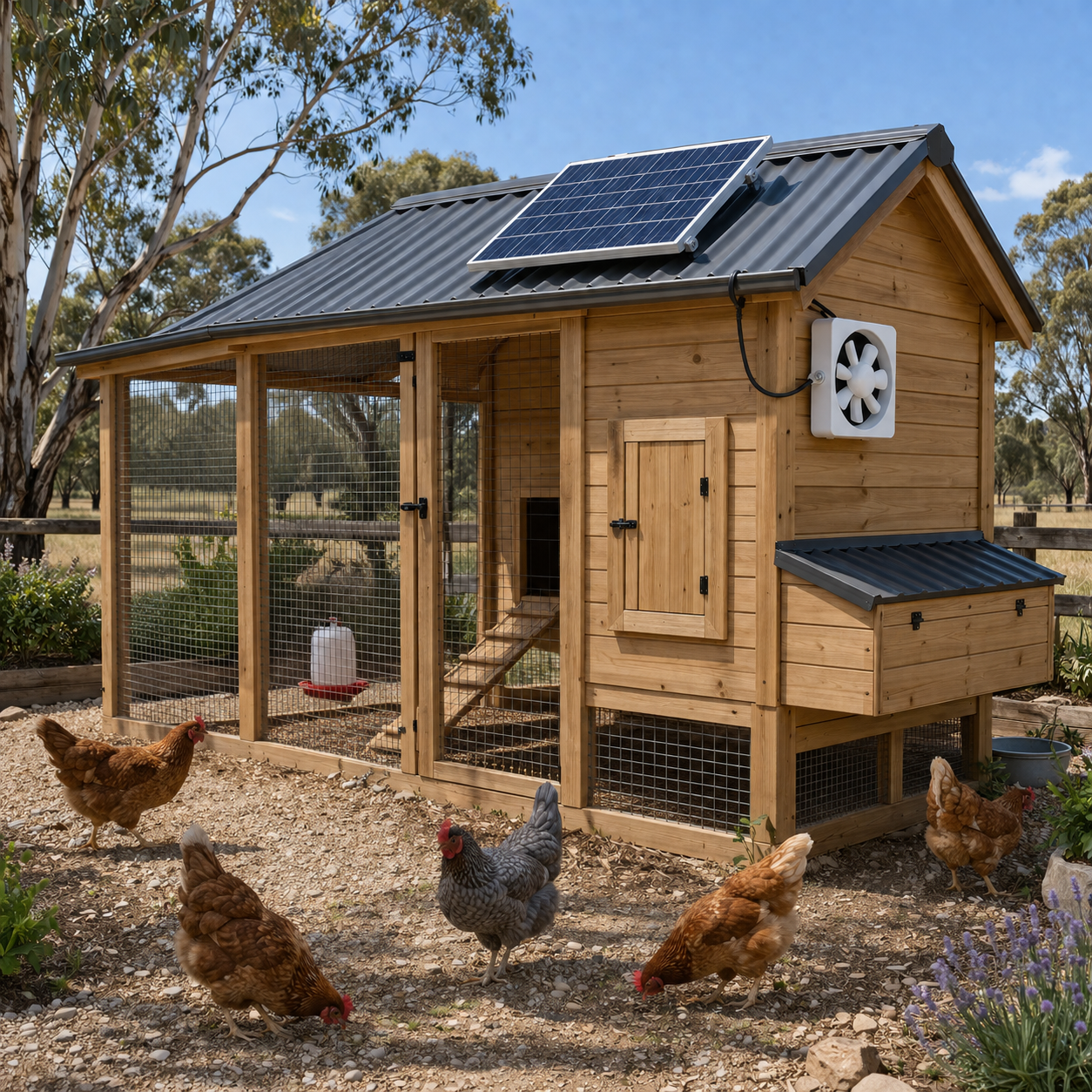 A wall mounted exhaust fan installed on a wooden backyard chicken coop with chickens outside, showing the roof-mounted solar panel providing daytime solar ventilation fan Australia solutions to keep livestock cool.
