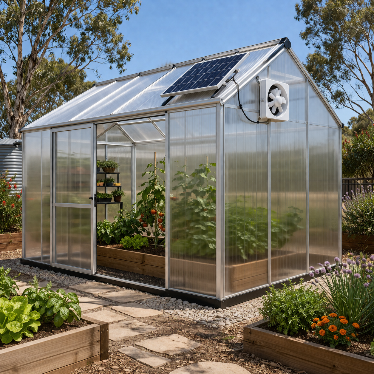 A solar ventilation fan Australia gardeners use for heat regulation, installed on a clear polycarbonate backyard greenhouse with its roof solar panel running under direct sunlight.
