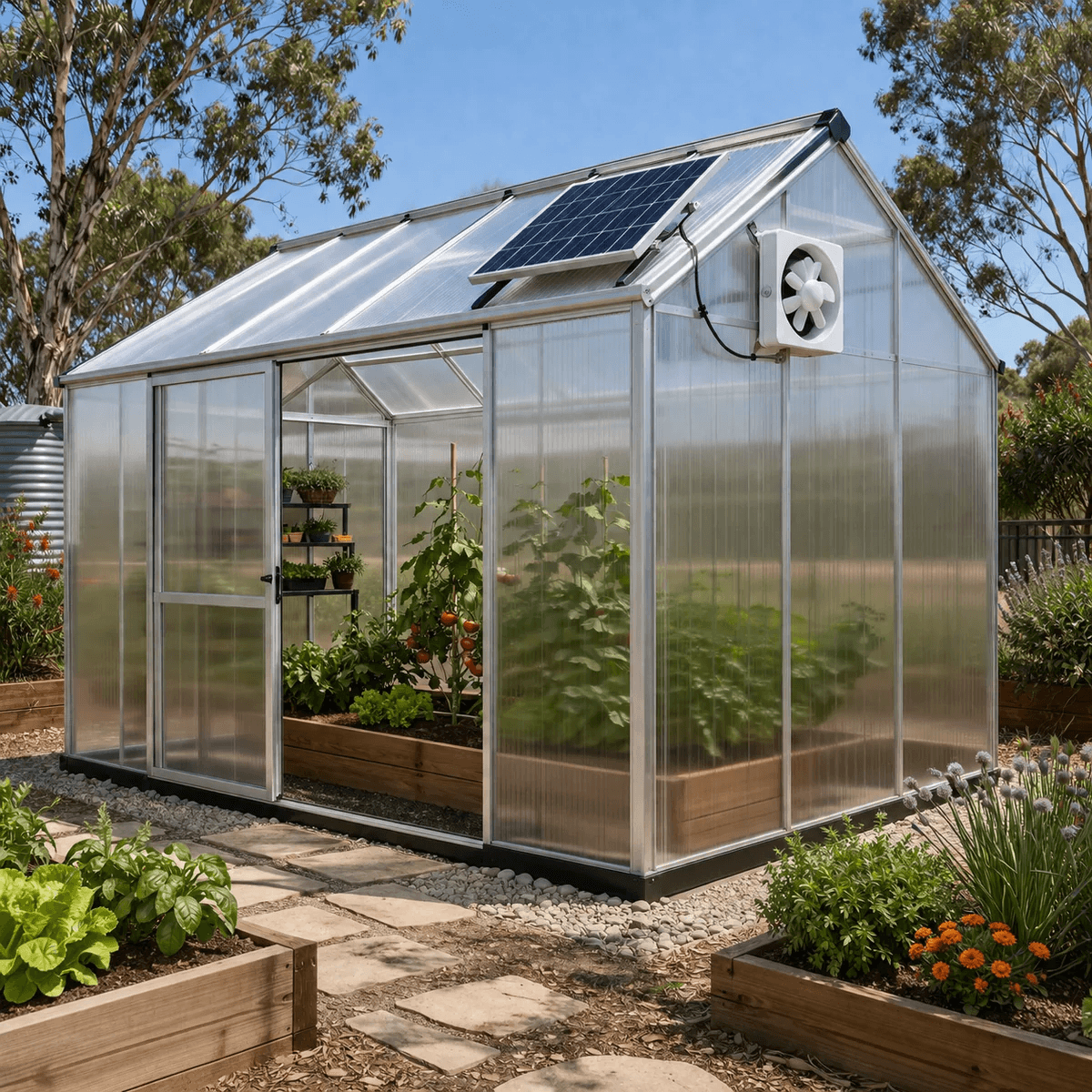 A solar ventilation fan Australia gardeners use for heat regulation, installed on a clear polycarbonate backyard greenhouse with its roof solar panel running under direct sunlight.