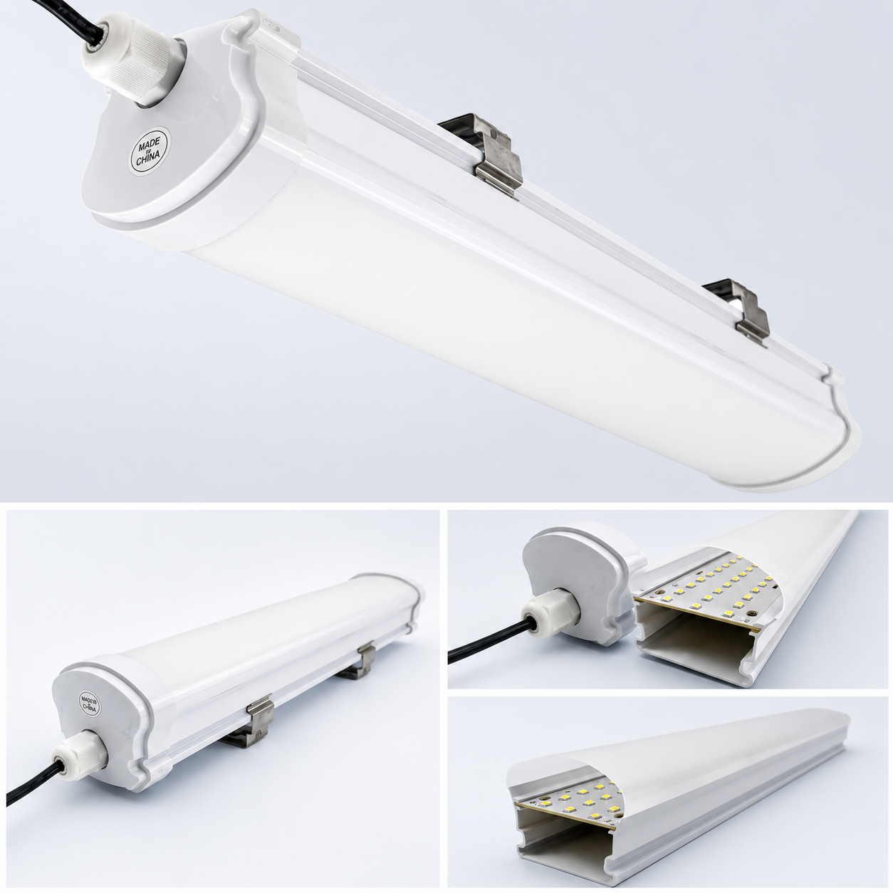 Technical view of a rigid solar powered led tube light fixture showing the internal led diode strips and stainless steel mounting clips.