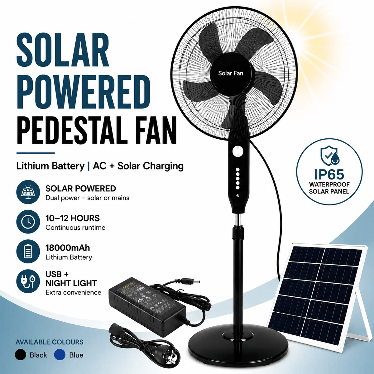 A black 120cm solar powered pedestal fan shown with its IP65 waterproof solar panel, 18000mAh battery, and AC adapter charging unit for camping and home use in Australia.