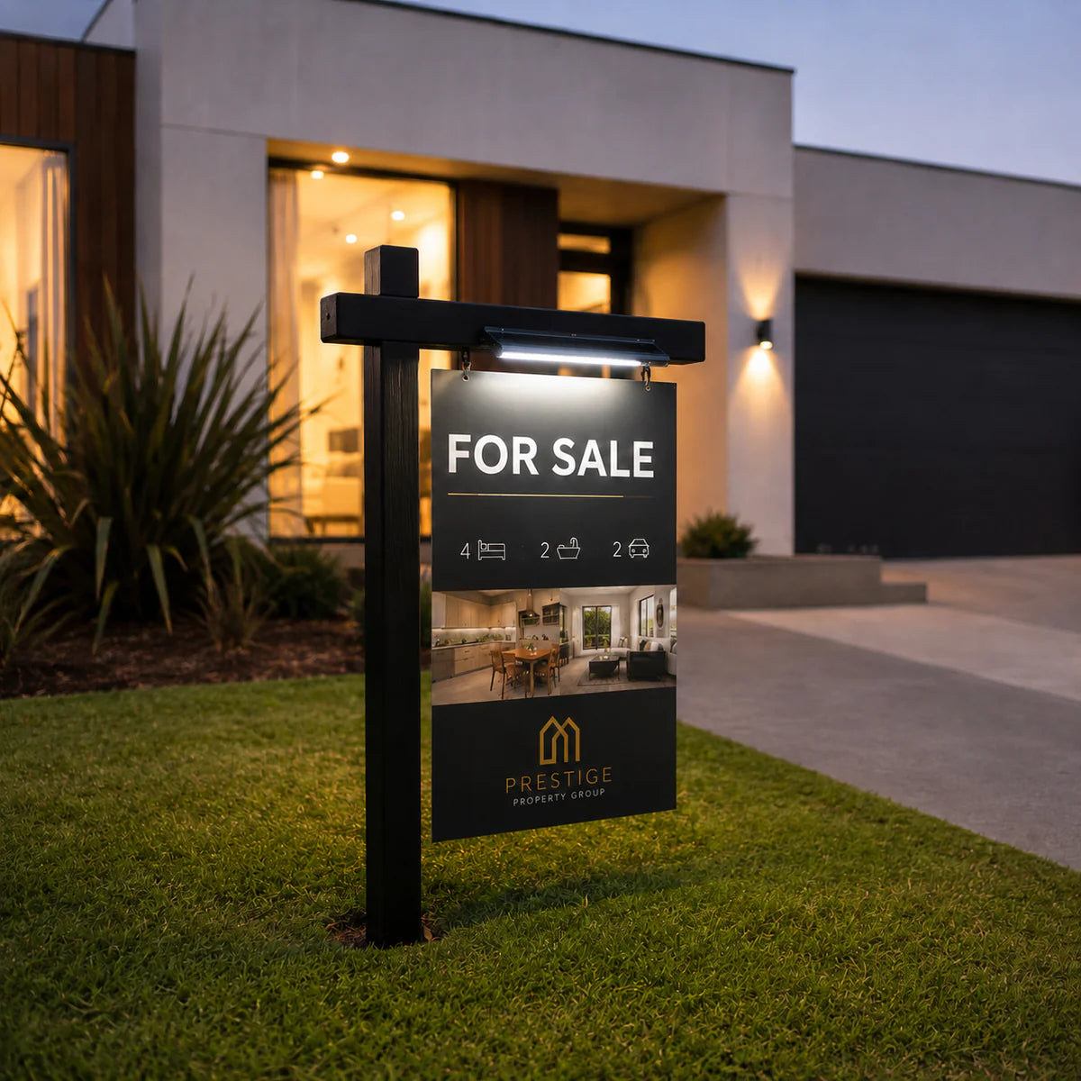 A real estate sign light solar fixture illuminating a black for sale board outside a modern residential home.