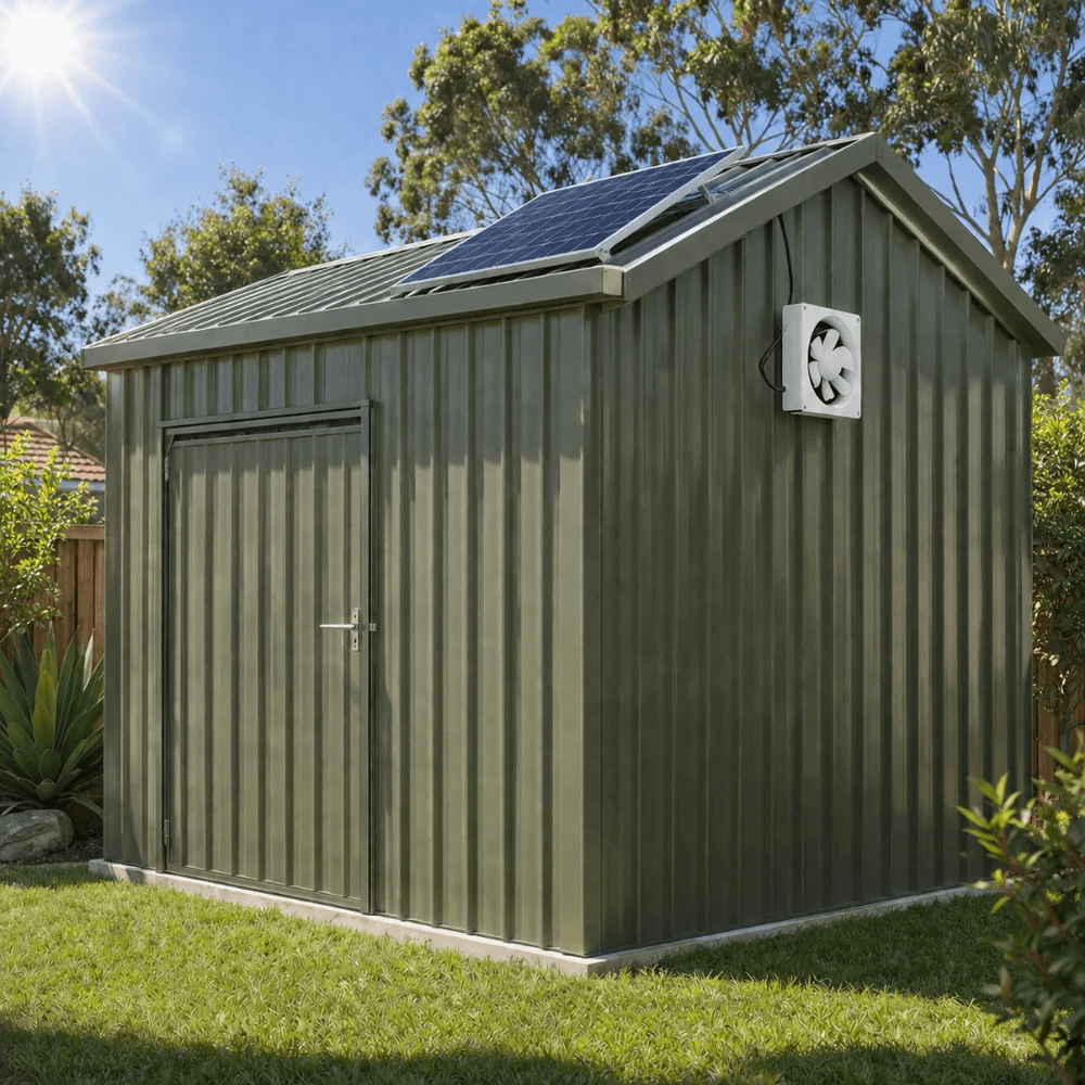 A wall mounted exhaust fan installed on a green corrugated metal garden shed, showing the roof-mounted solar panel running directly under the sun for garage ventilation fan solar solutions.
