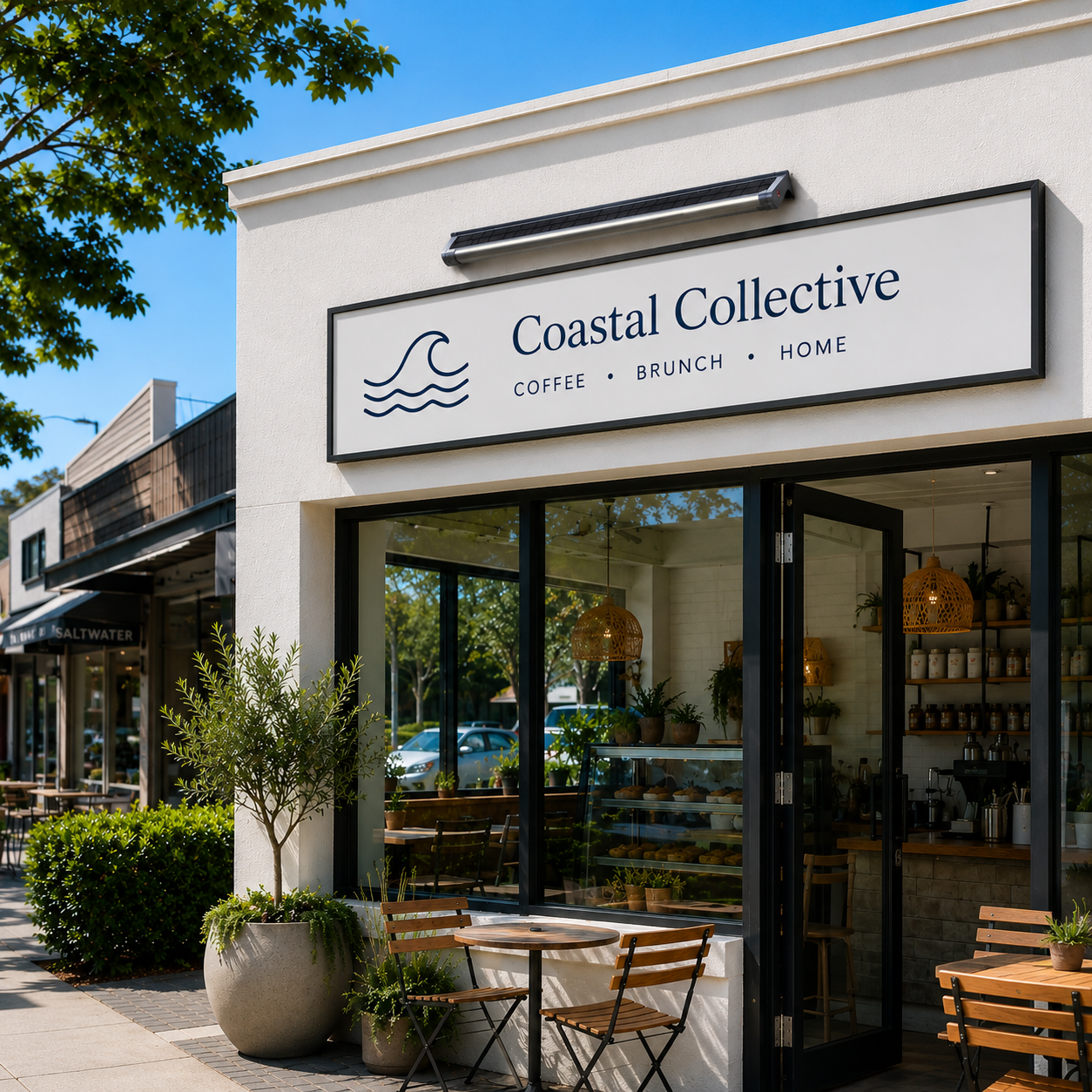 A sleek 60cm solar powered sign light mounted seamlessly above a cafe storefront fascia banner to deliver wireless outdoor solar sign lighting across the business entrance.
