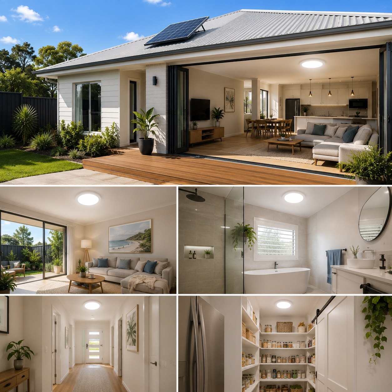 A 30W LED solar powered skylight kit installed across an Australian house, showing a roof-mounted solar panel ceiling light system brightening an open living room, hallway, bathroom, and kitchen butler's pantry.