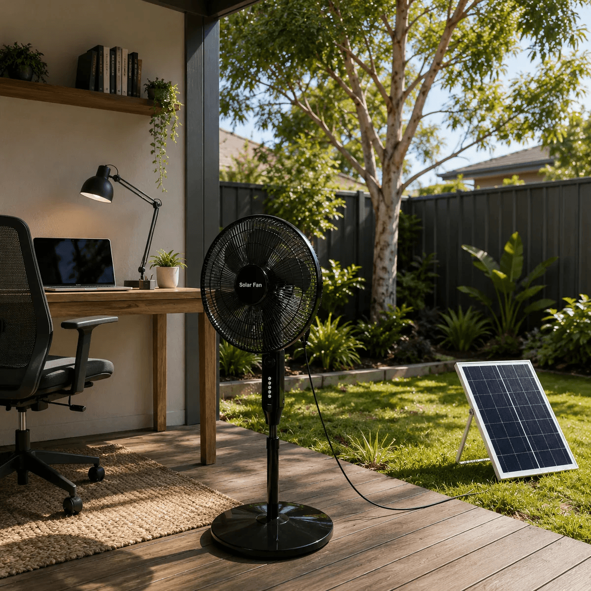 A black solar powered stand fan providing cool airflow to an outdoor home office setup on a veranda deck, with its solar panel absorbing sunlight on the adjacent backyard lawn.