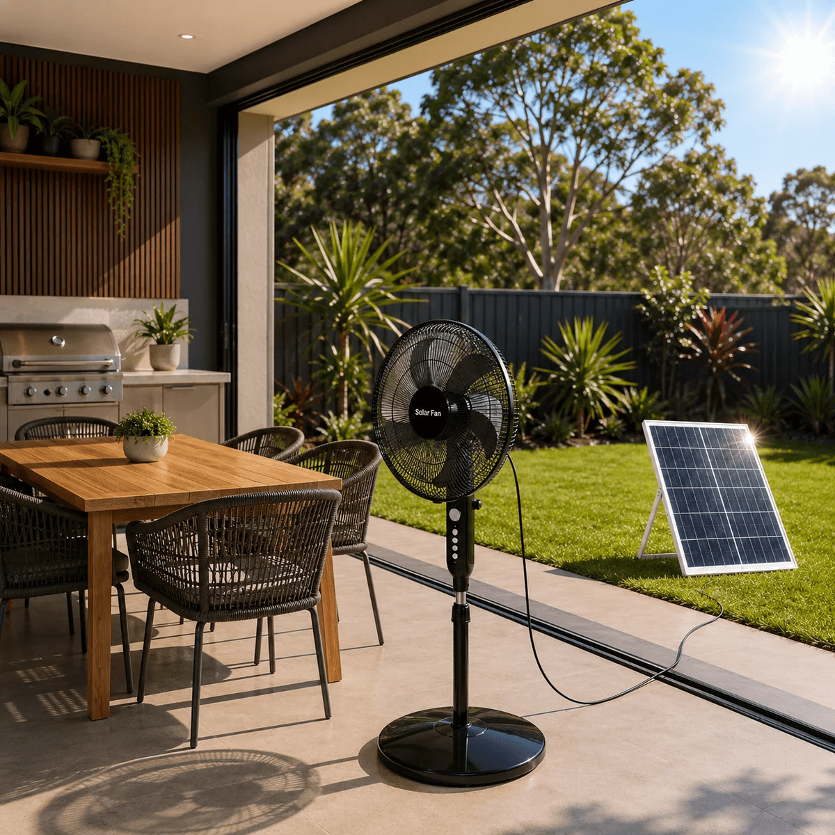 A black solar powered stand fan set up on an outdoor backyard patio next to a dining table, connected to its solar panel on the grass under direct sunlight.