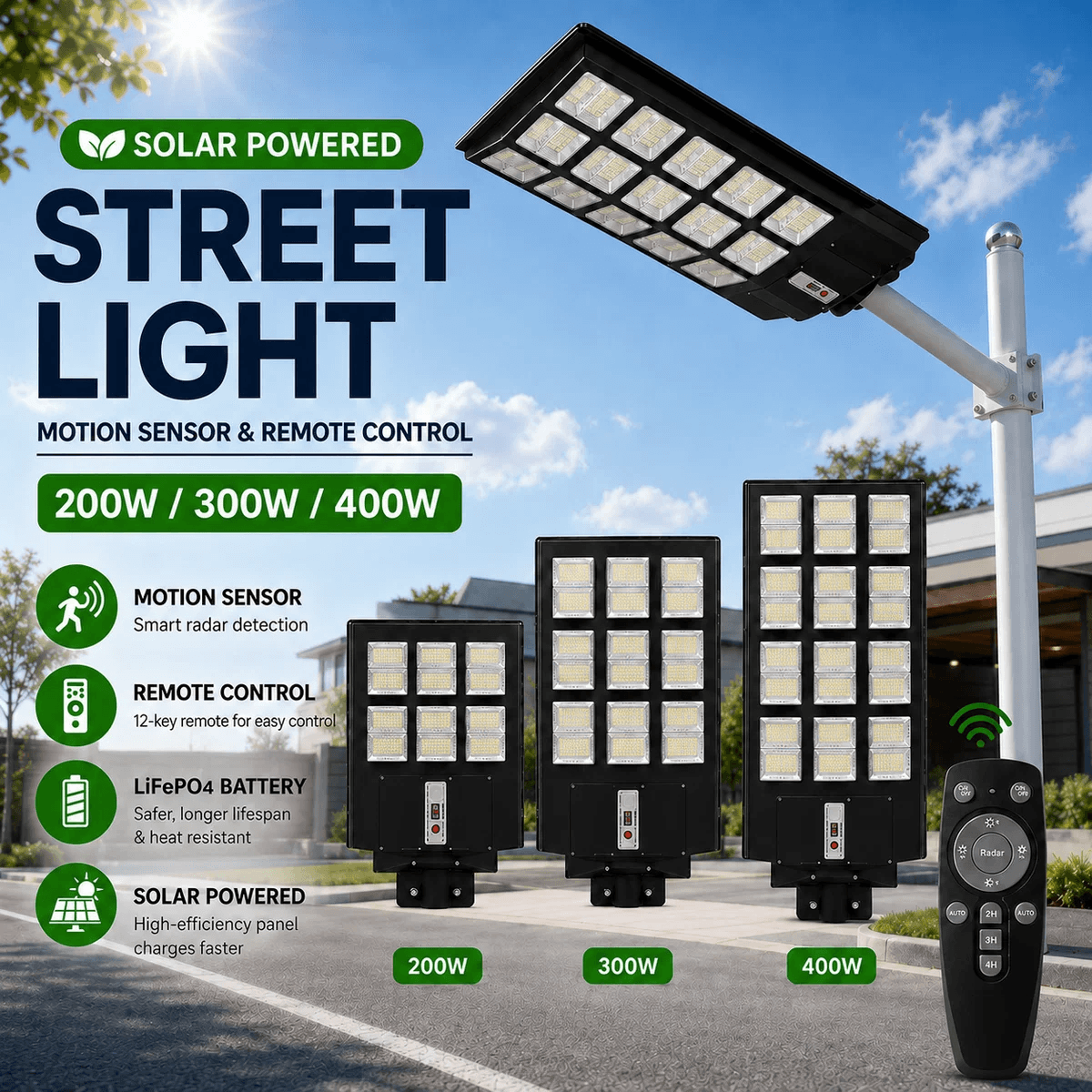 Heavy duty solar powered street light lineup in australia featuring 200w 300w and 400w models with radar motion sensor