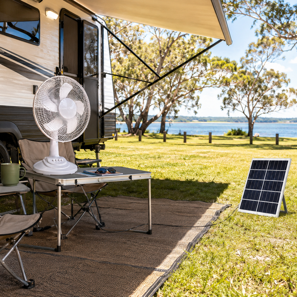 A solar powered table fan placed on a camp table under a caravan awning next to a lake, with the solar panel angled on the grass to catch the sun at an Australian camping ground.