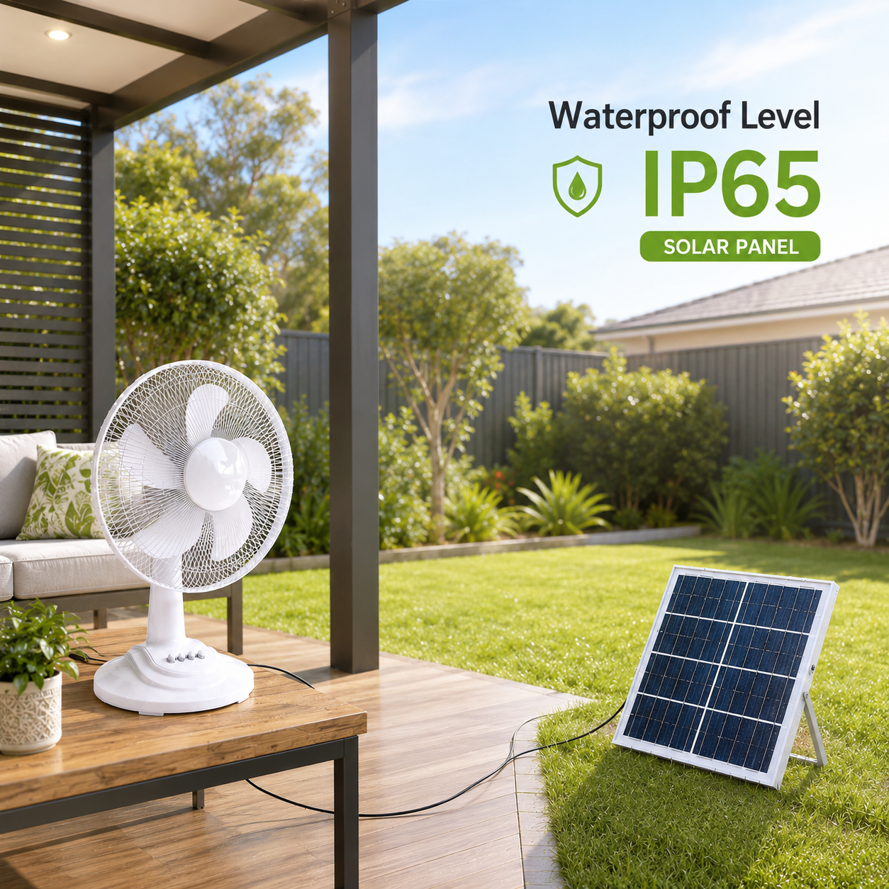 Infographic emphasizing the IP65 waterproof level of the solar panel connected to a white solar powered table fan set up on a backyard veranda for outdoor cooling.