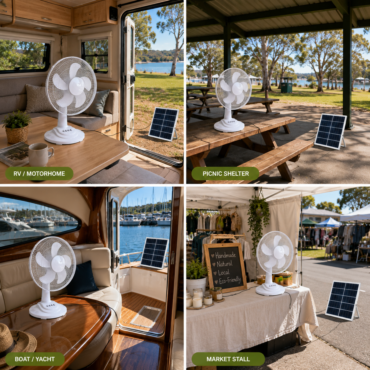 Four-panel infographic demonstrating a dual power solar fan in diverse Australian settings: an RV motorhome interior, a park picnic shelter table, a boat luxury cabin, and an outdoor market stall setup.