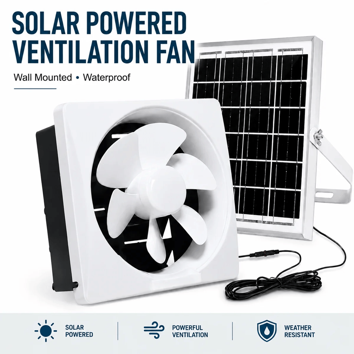 White wall mounted exhaust fan with its connected solar panel, highlighting the waterproof housing design for an eco-friendly solar powered shed fan.