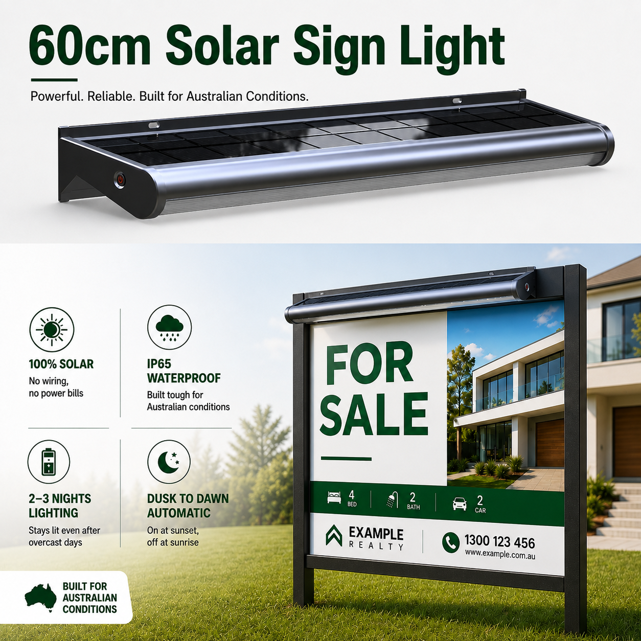 A 60cm bar style solar real estate sign light mounted on a for sale board illustrating dusk to dawn automatic outdoor solar sign lighting in Australia.