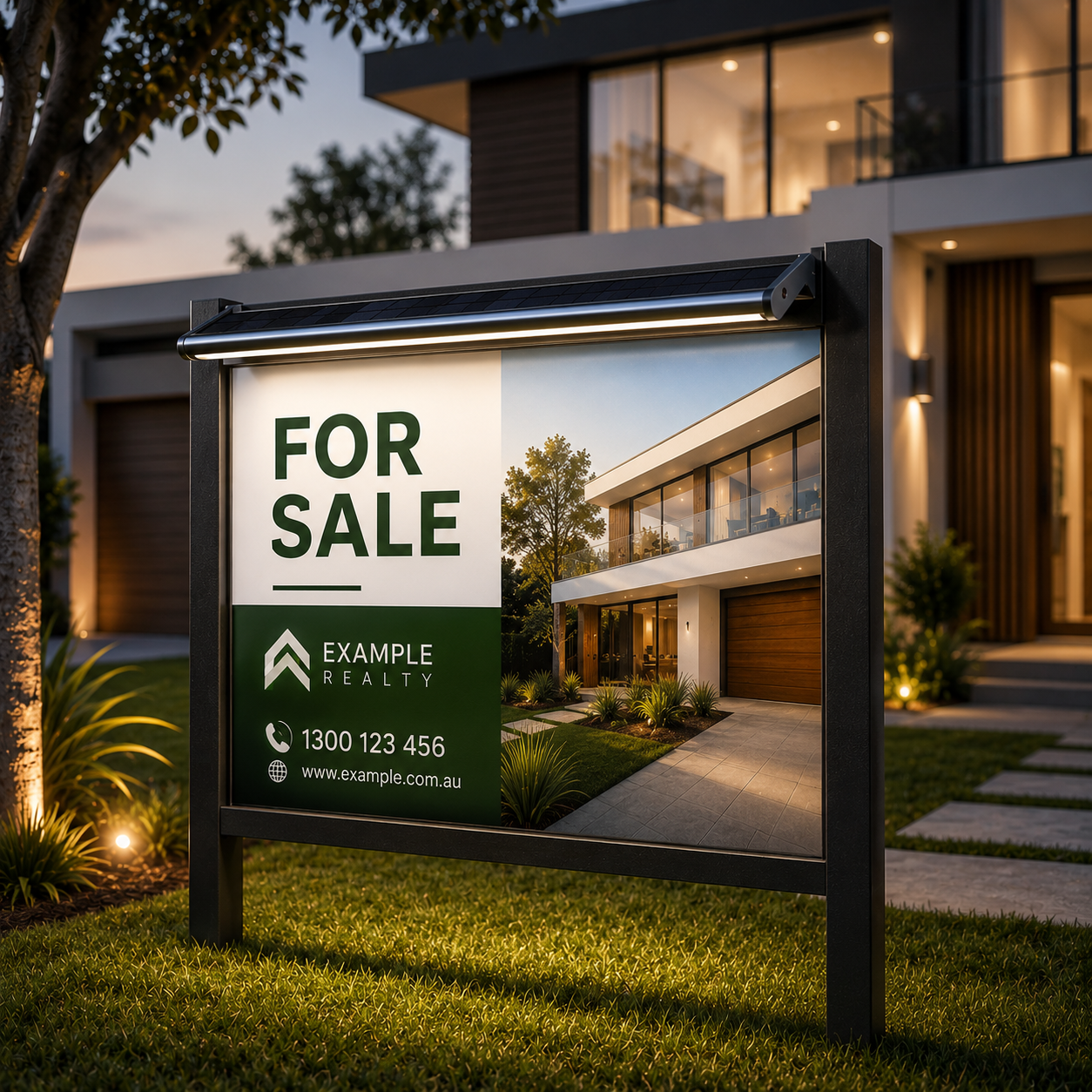 A premium 60cm solar real estate sign light automatically illuminates a large luxury house for sale board on a front lawn during the evening.